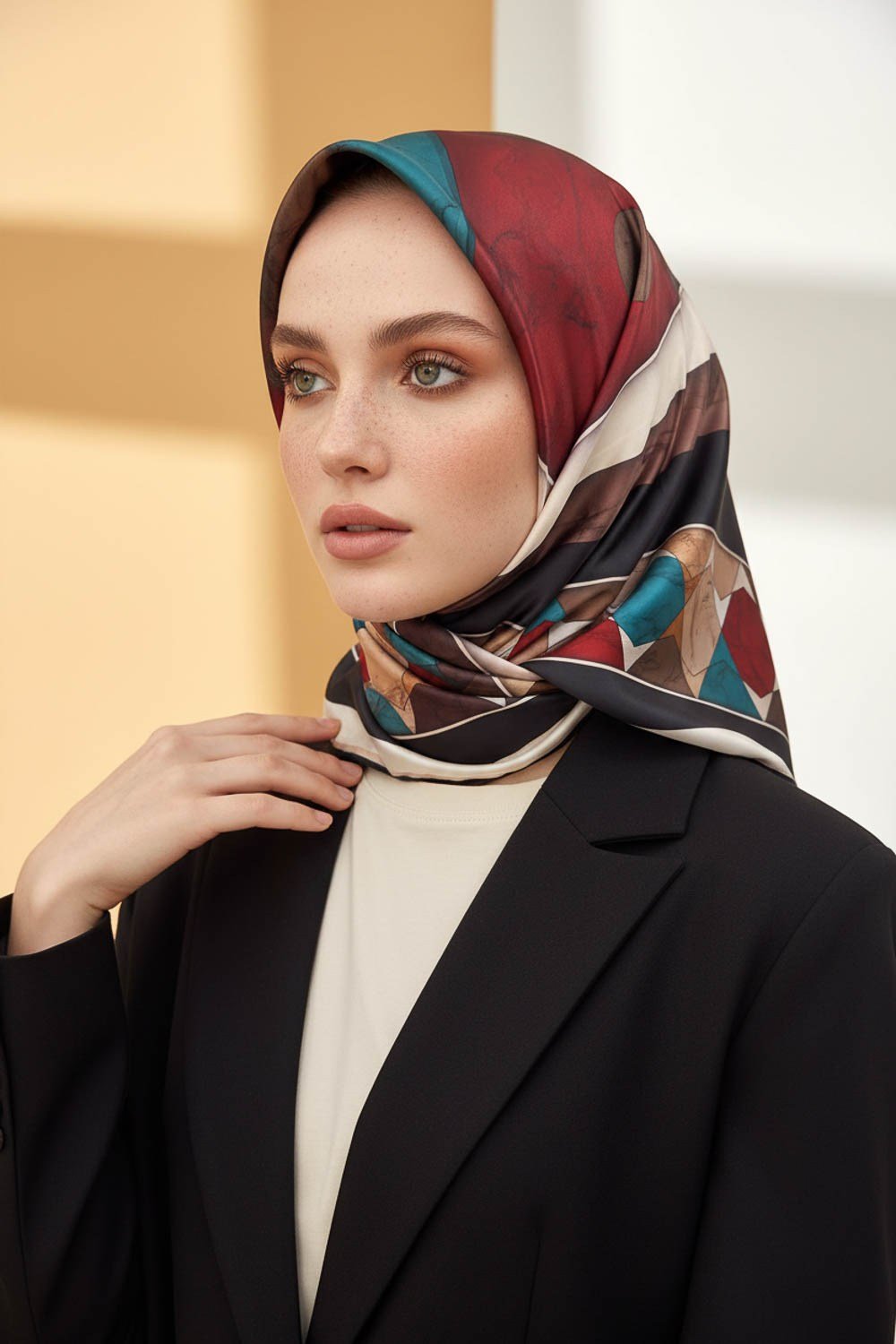 Rayon Geometrik Mermer Desenli Petrol Yeşili Renkli 90x90 Eşarp (İpek İçermez) Kenar Dikiş Şekli El Dikişli