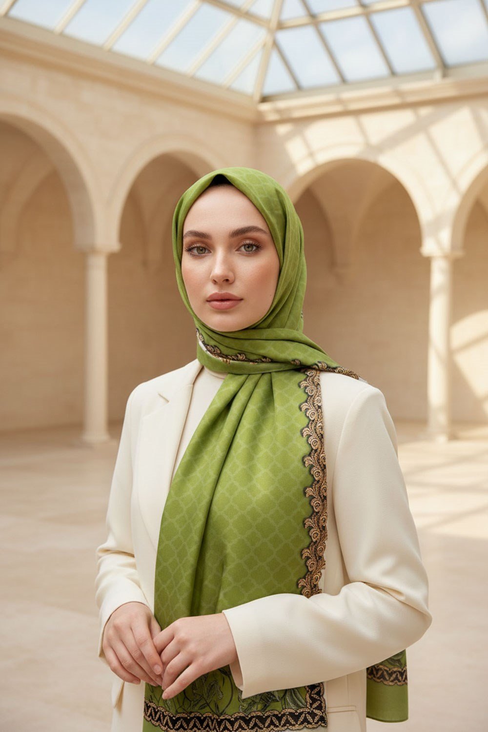 %100 Saf İpek Şal İnce Saten Vual Dokuma Yaprak Desenli Fıstık Yeşili - Gold Renkli 90x210 Şal