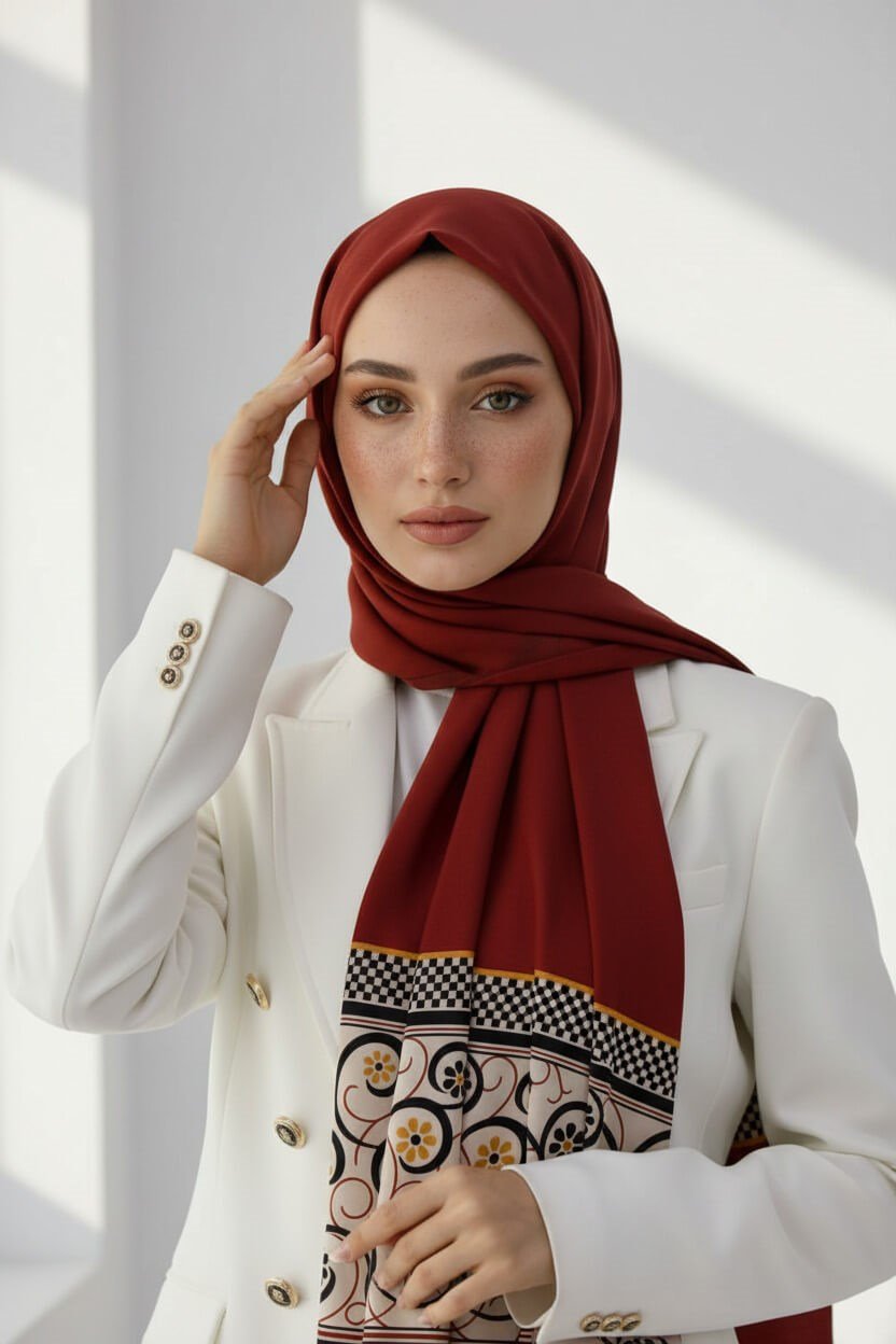 KREP KENAR MOTİFİ ÇİÇEK DESENLİ BORDO RENKLİ 75X195 KIRIŞMAZ ŞAL