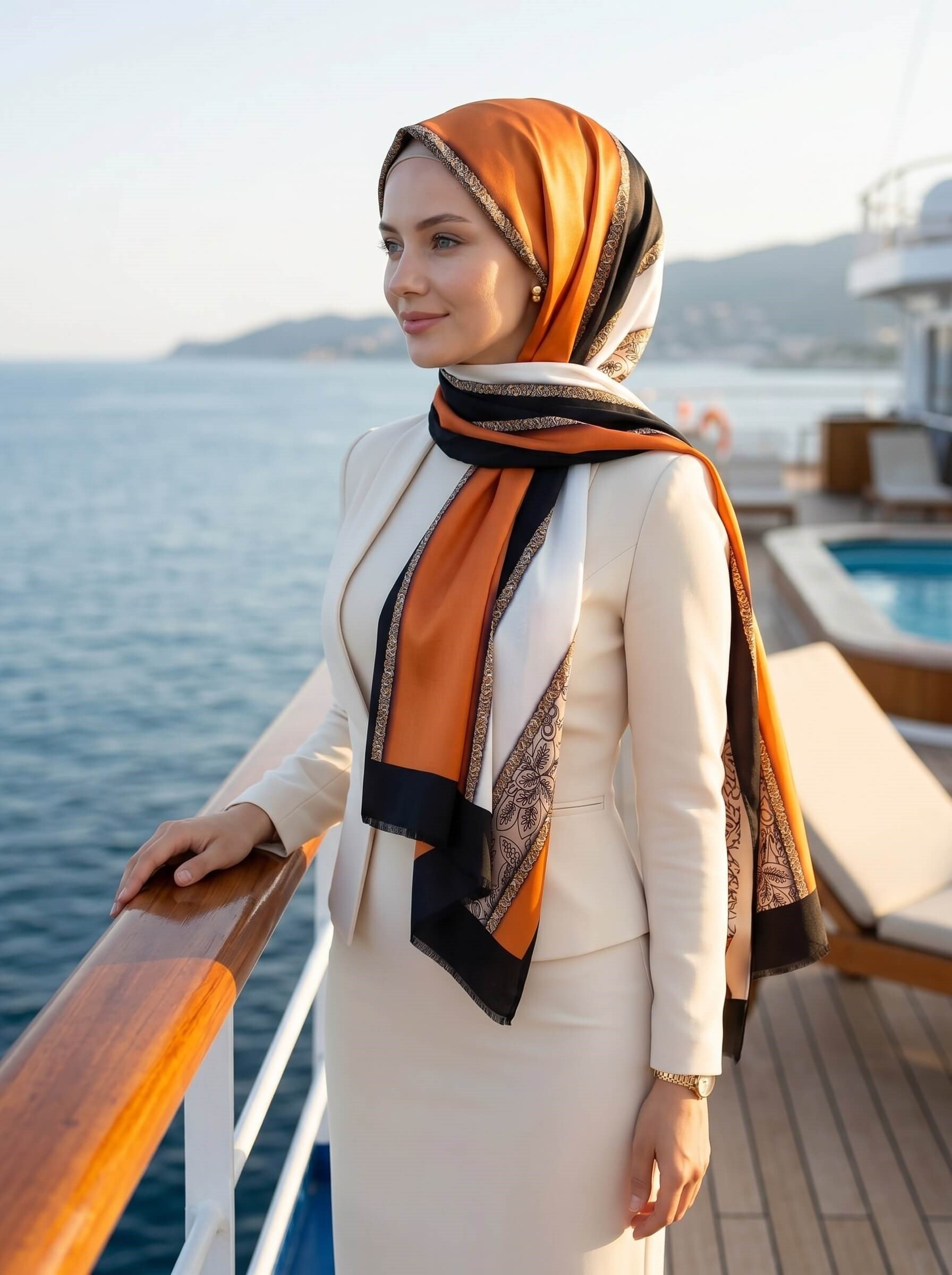 %100 Saf İpek Şal İnce Saten Vual Dokuma Çizgili Desenli Taba - Siyah Renkli 90x210 Şal
