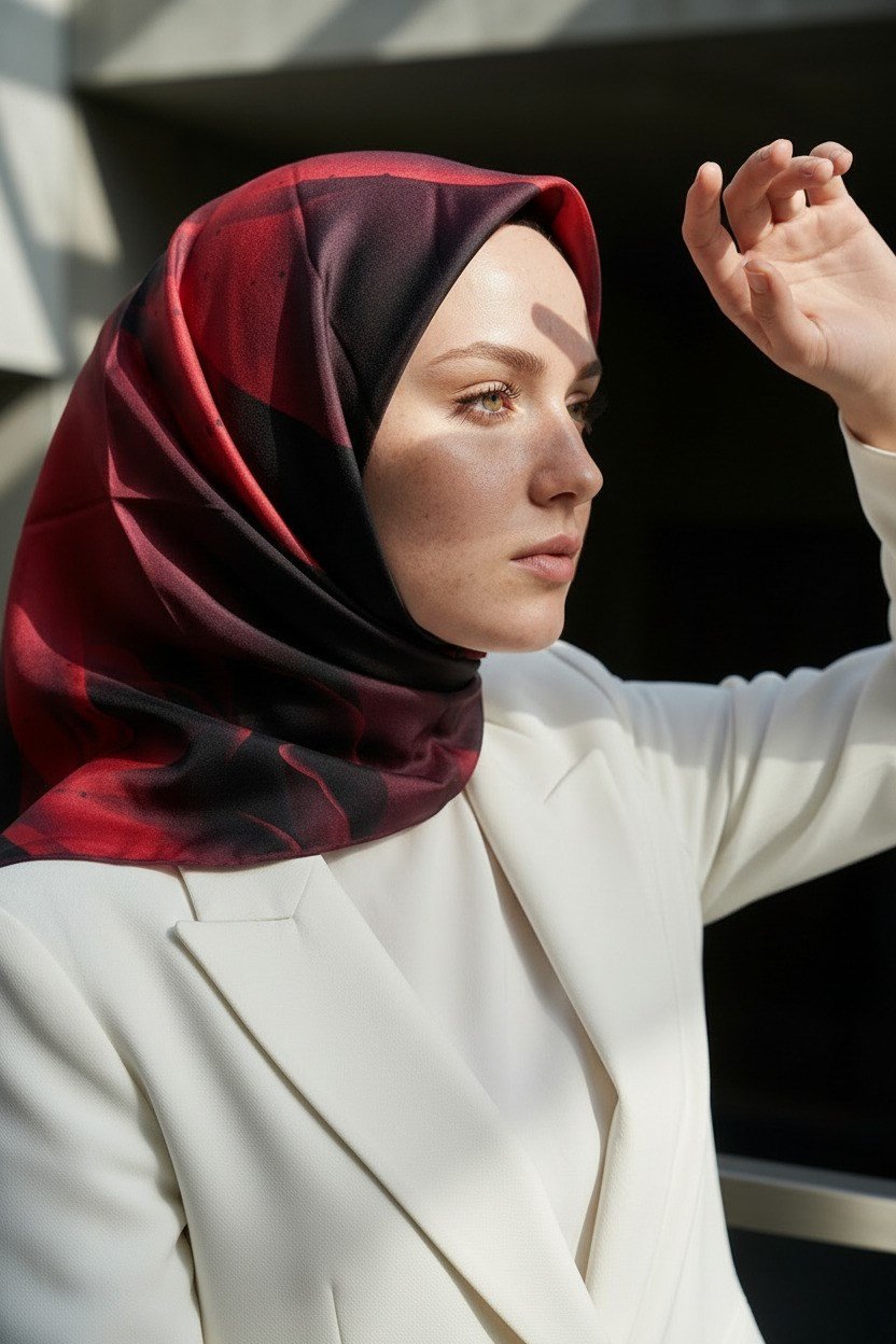 %100 Twill İpek Çiçek Desenli Bordo Renkli 90x90 Eşarp Dikim Şekli : El Dikişi