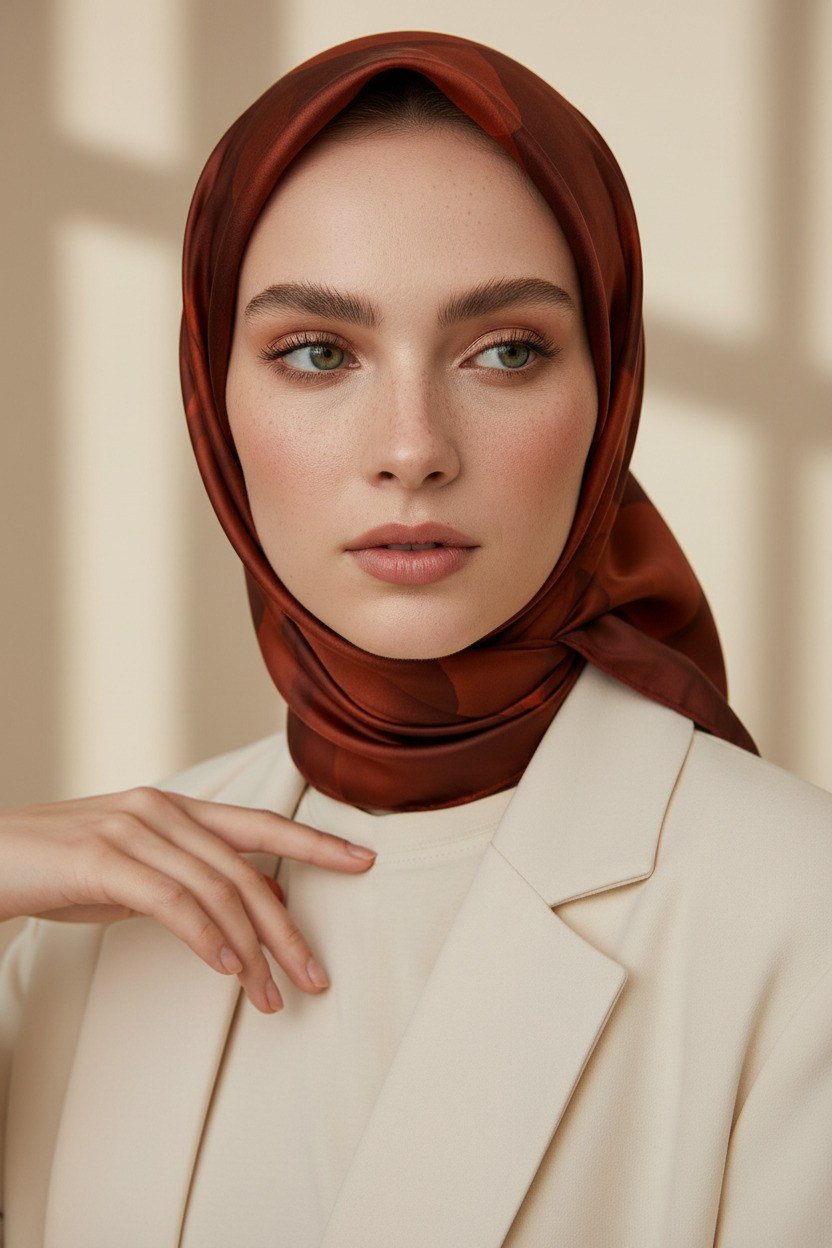 Rayon Büyük Çiçek Desenli Taba Renkli 90x90 Eşarp (İpek İçermez) Kenar Dikiş Şekli El Dikişli