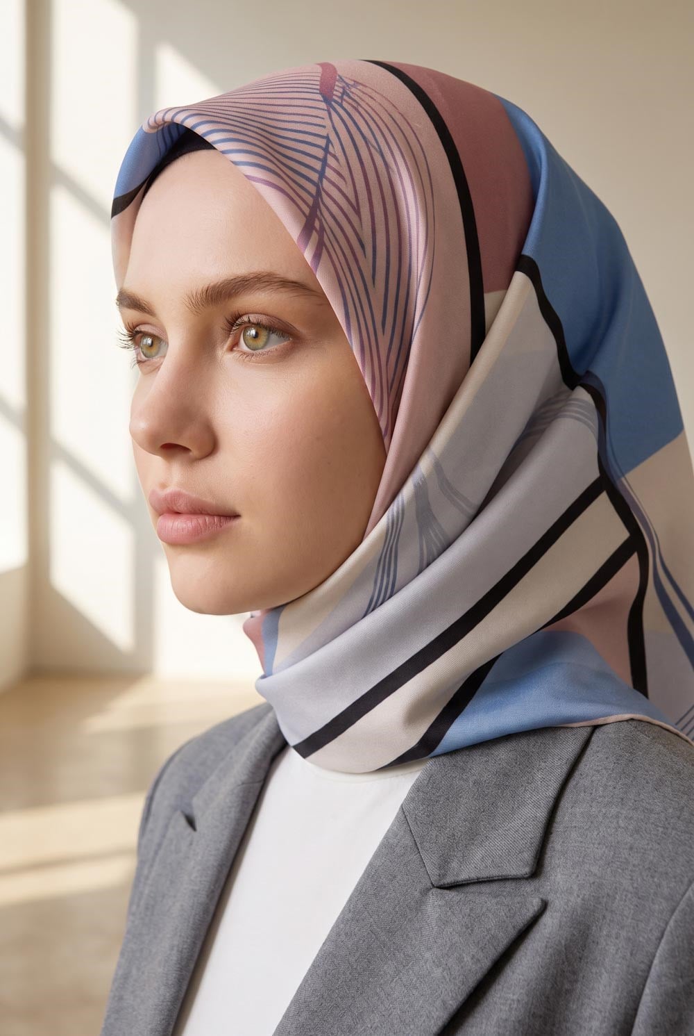 %100 Twill İpek Geometrik Desenli Pudra - Bebe Mavisi Renkli 90x90 Eşarp Dikim Şekli : El Dikişi