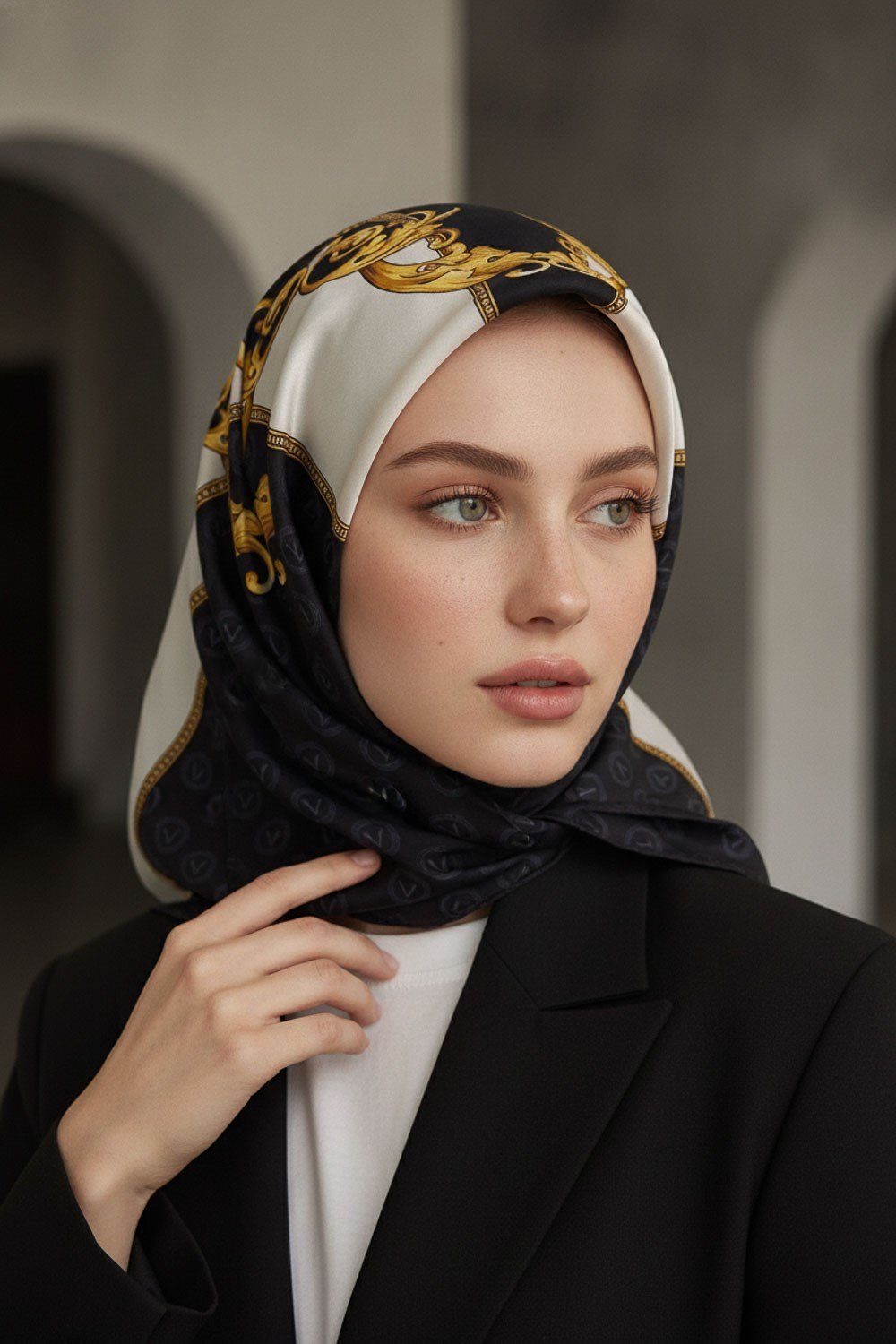 %100 Twill İpek Monogram Ve Barok Desenli Siyah - Krem Renkli 90x90 Eşarp Dikim Şekli : El Dikişi