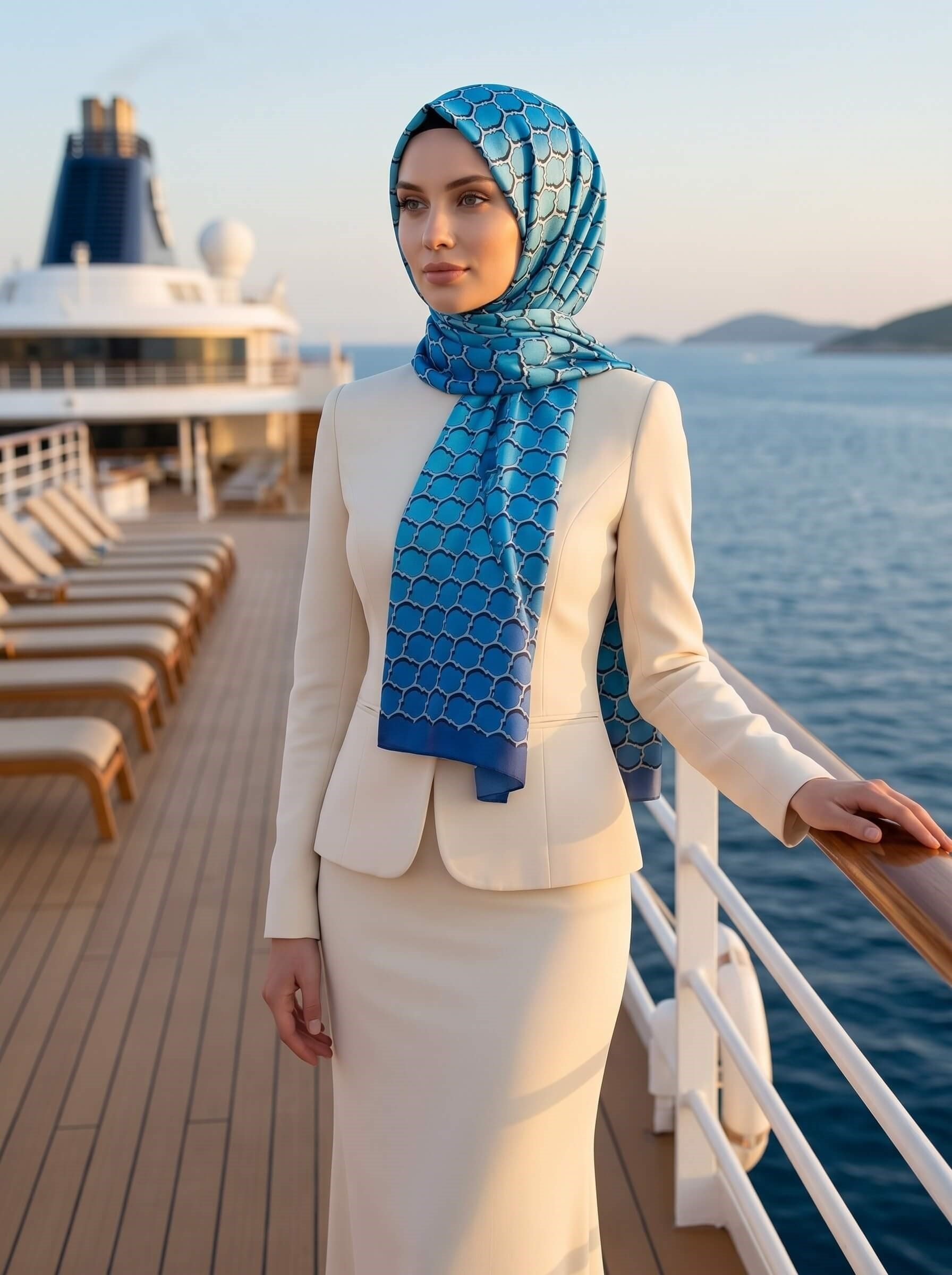 %100 Saf İpek Şal İnce Saten Vual Dokuma Petek Desenli İndigo - Cam Göbeği Renkli 90x210 Şal