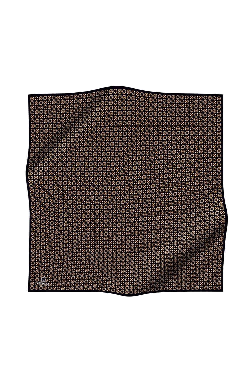 %100 Twill İpek Zincir Desenli Siyah - Gold Renkli 90x90 Eşarp Kenar Dikiş Şekli El Dikişli