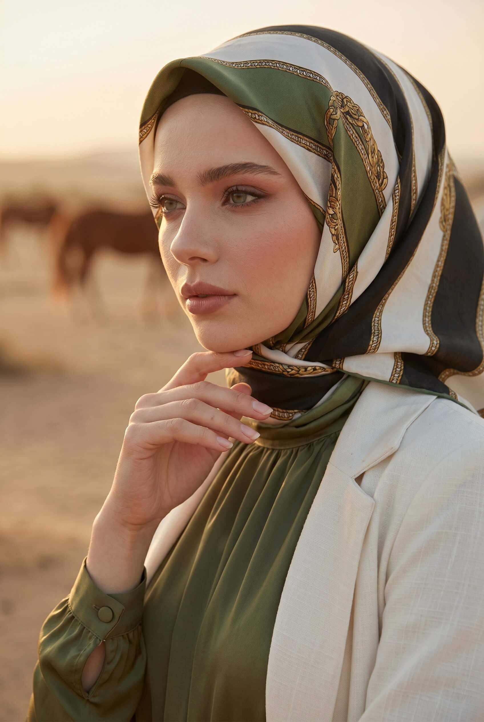 %100 Twill İpek Kemer Desenli Siyah - Haki Renkli 90x90 Eşarp Dikim Şekli : El Dikişi