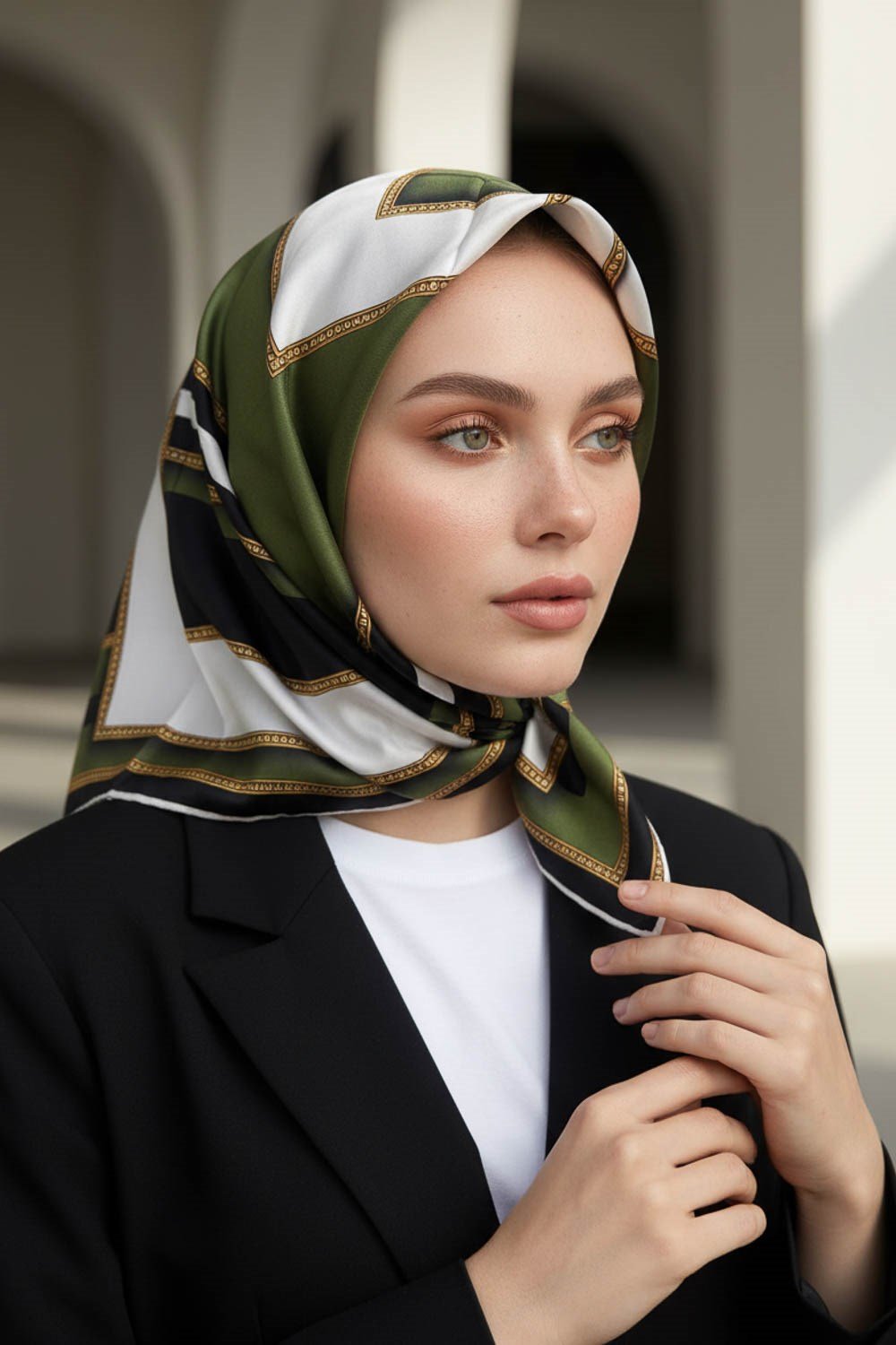 %100 Twill İpek Geometrik Desenli Siyah - Haki Renkli 90x90 Eşarp Dikim Şekli : El Dikişi