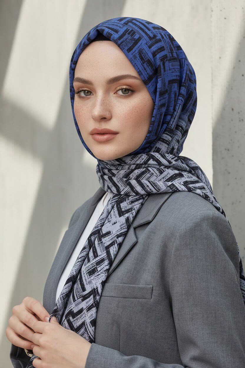 KREP DEGRADELİ ÇİZGİ DESENLİ SAKS RENKLİ 75X195 KIRIŞMAZ ŞAL