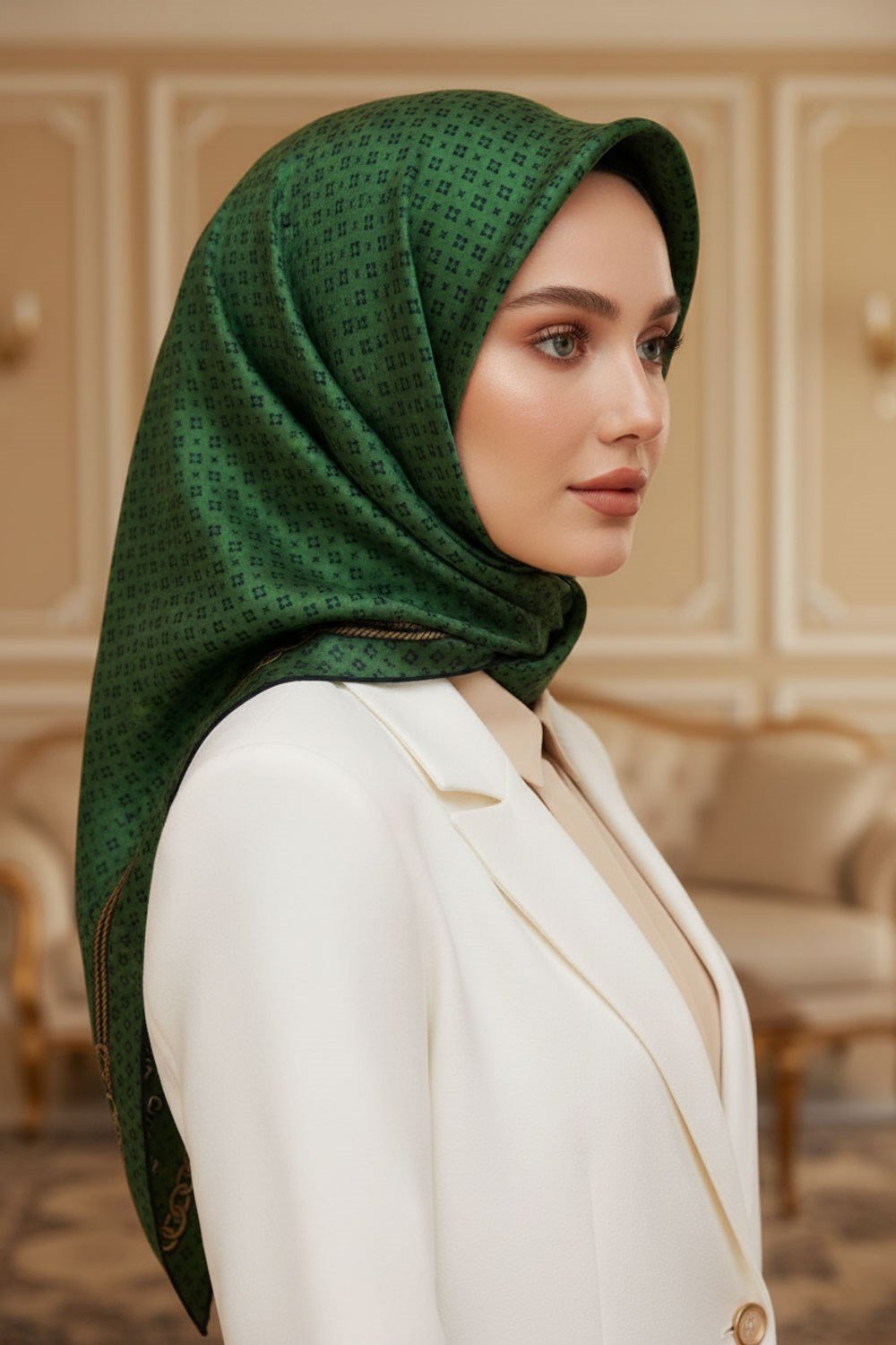 %57 İPEK %43 VİSKON Twill İpek Zincir Desenli Zümrüt Yeşili - Siyah Renkli 90x90 Eşarp Dikim Şekli : El Dikişi