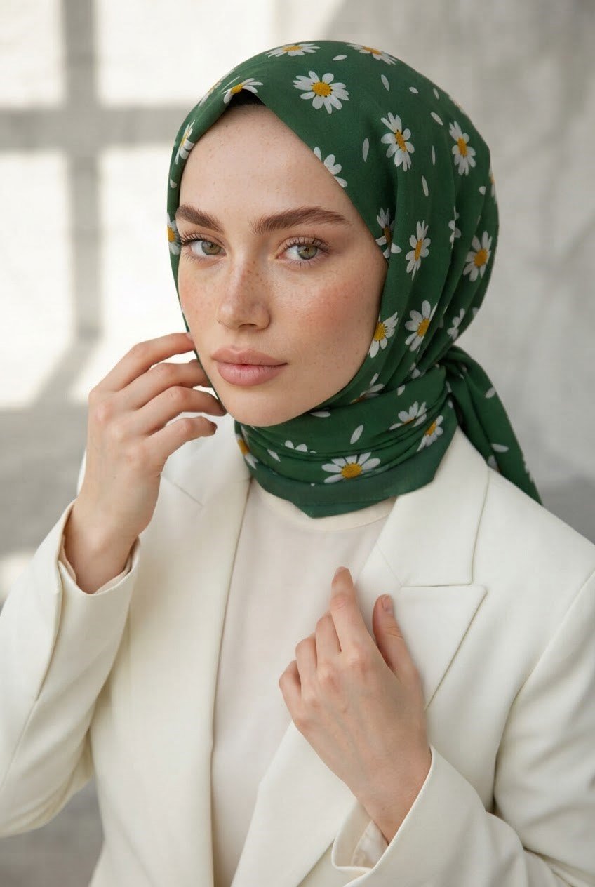 KREP PAPATYA DESENLİ ZÜMRÜT YEŞİLİ RENKLİ 75X195 KIRIŞMAZ ŞAL