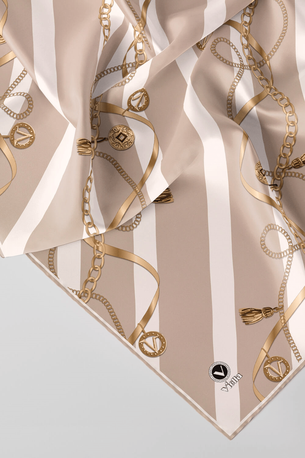 Twill Çizgili Kemer ve Zinci Desenli Bej Renkli 90x90 Eşarp (İpek İçermez) Kenar Dikiş Şekli El Dikişli