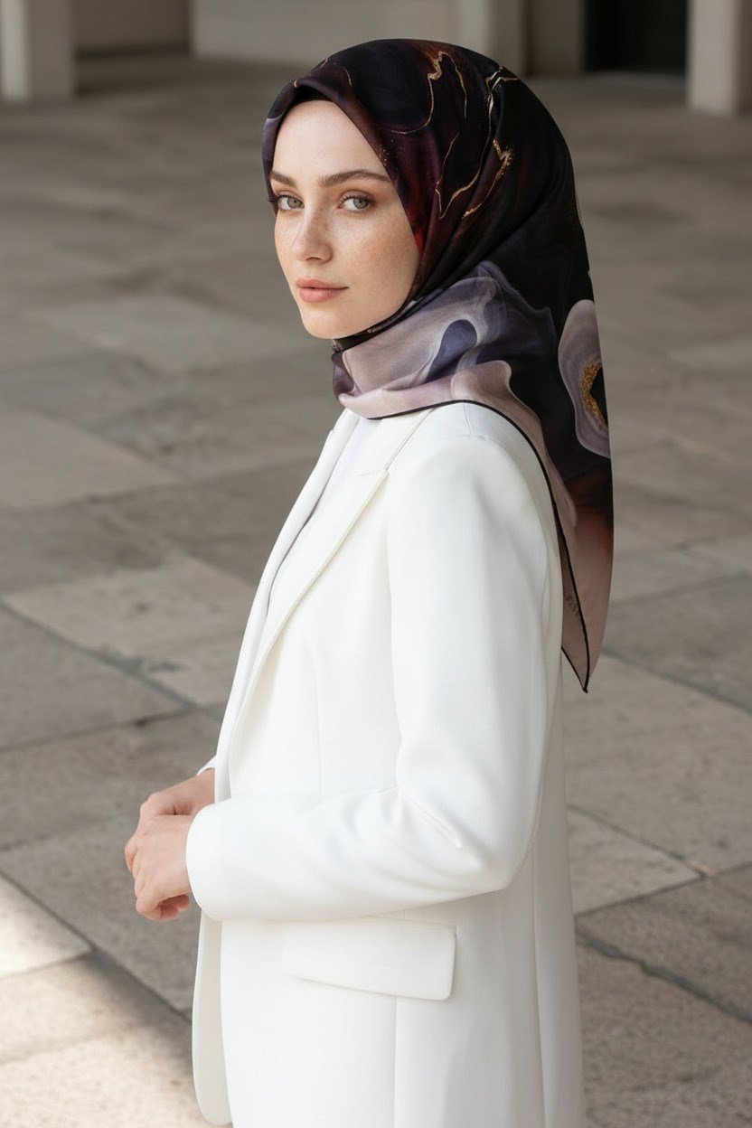 %100 Twill İpek Batik Desenli İndigo - Nar Çiçeği Renkli 90x90 Eşarp Dikim Şekli : El Dikişi