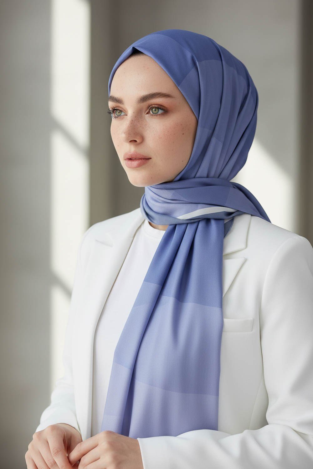 KREP GEOMETRİ DESENLİ BEBE MAVİSİ RENKLİ 75X195 KIRIŞMAZ ŞAL
