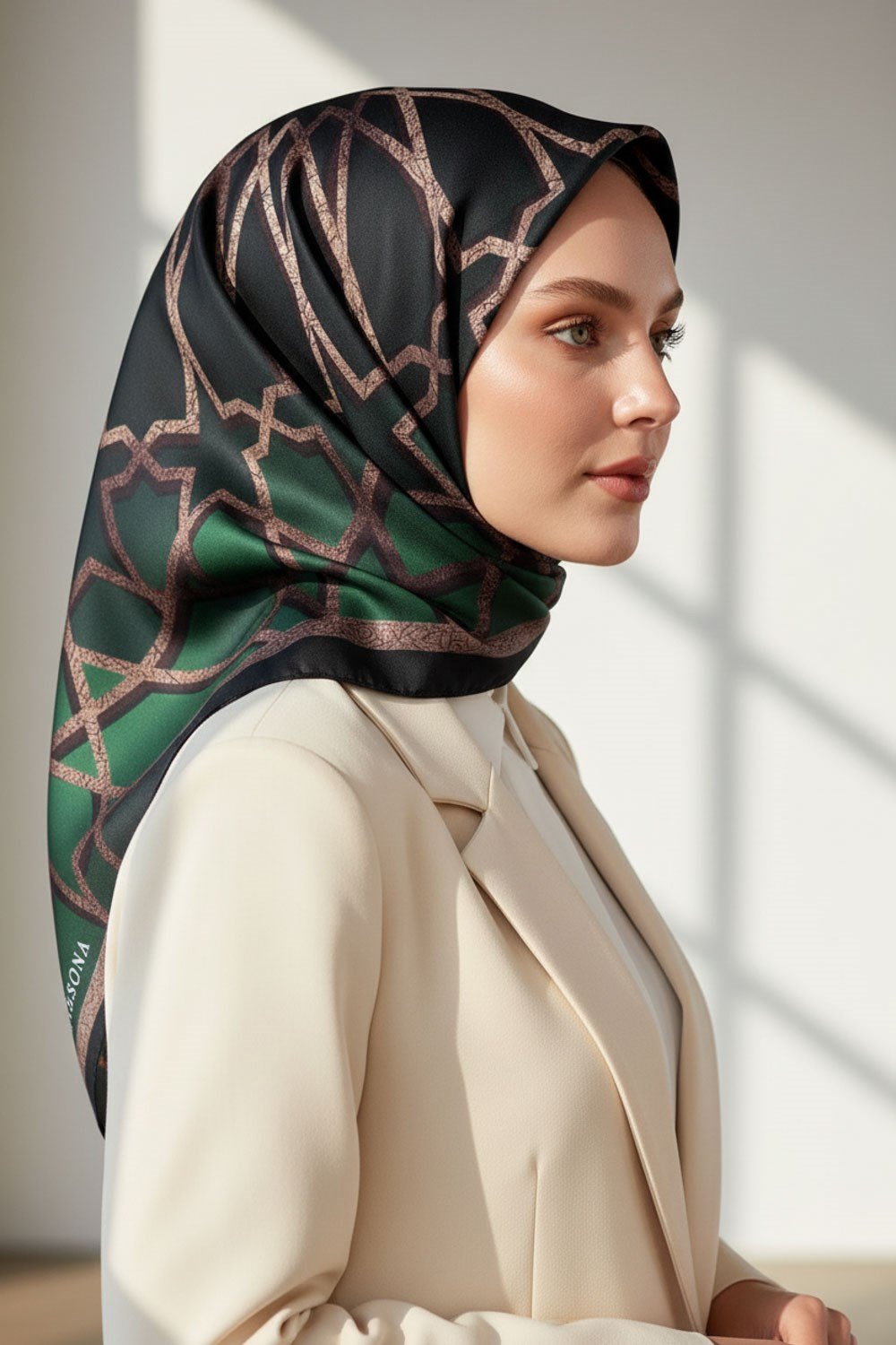 %100 Twill Türk Motifi  Desenli Zümrüt Yeşili Renkli 90x90 Eşarp Dikim Şekli: El Dikişi