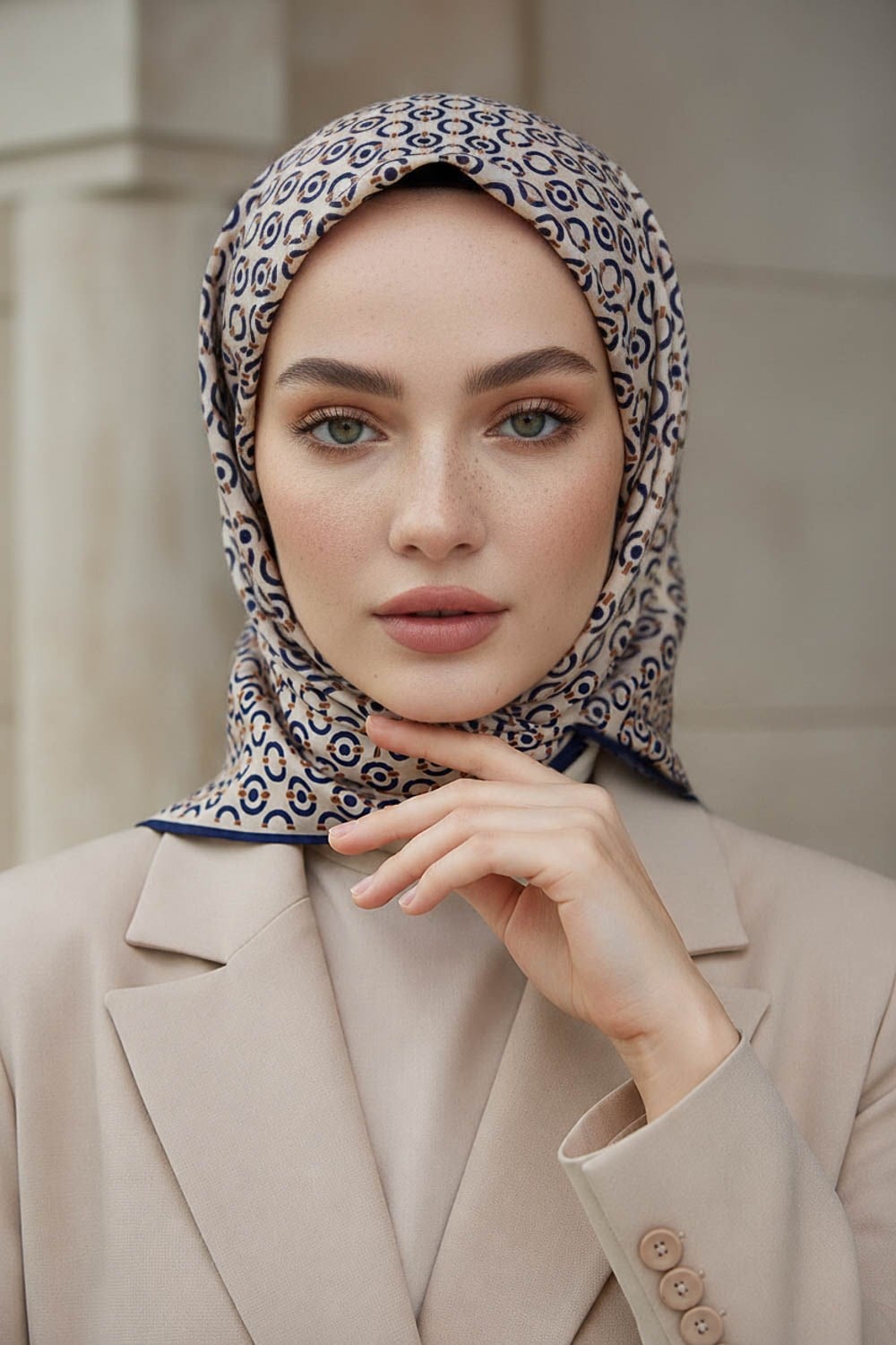 %100 Twill İpek Zincir Desenli Bej - Lacivert Renkli 90x90 Eşarp Kenar Dikiş Şekli El Dikişli