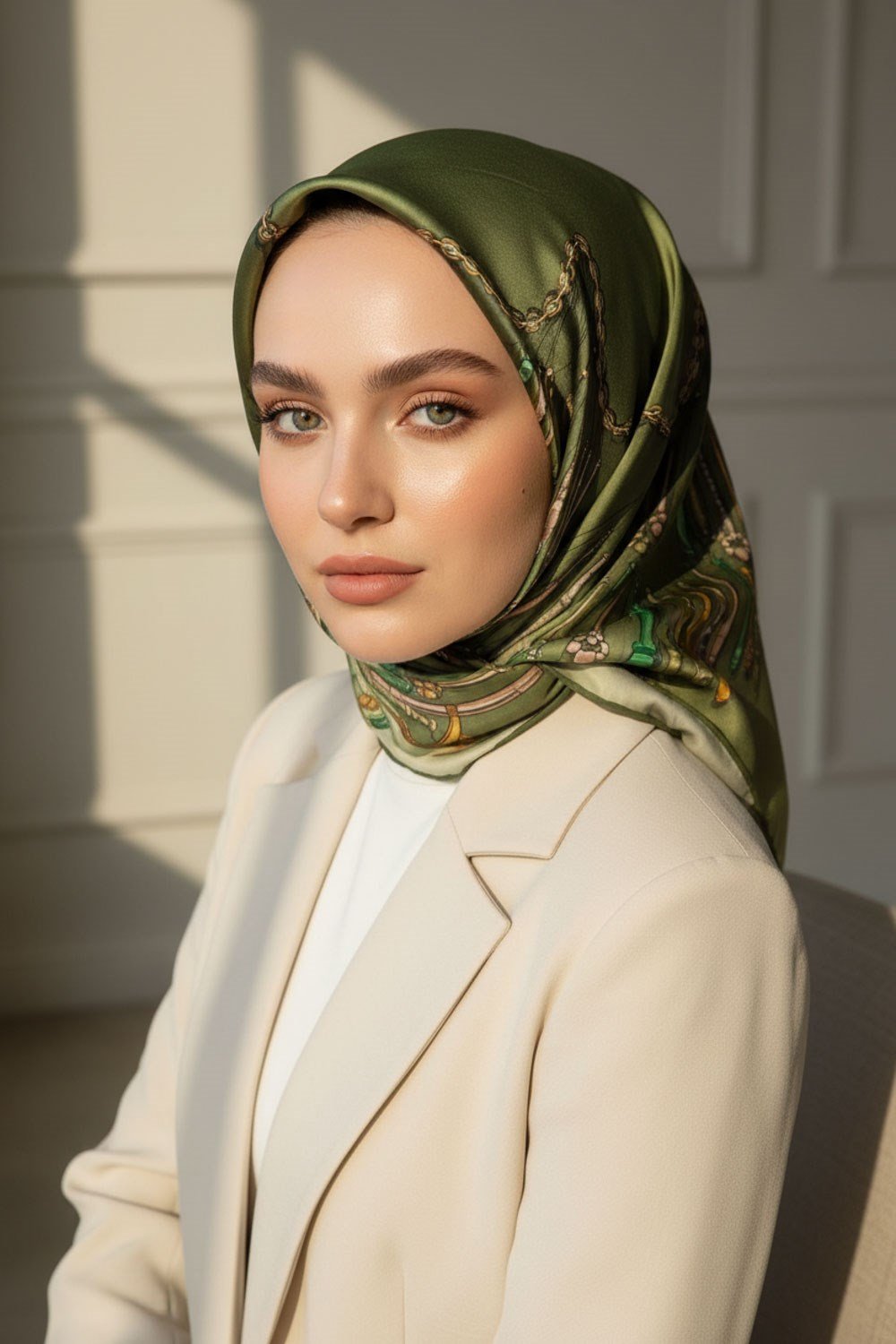 %100 Twill İpek Zincir Desenli Haki Renkli 90x90 Eşarp Dikim Şekli : El Dikişi