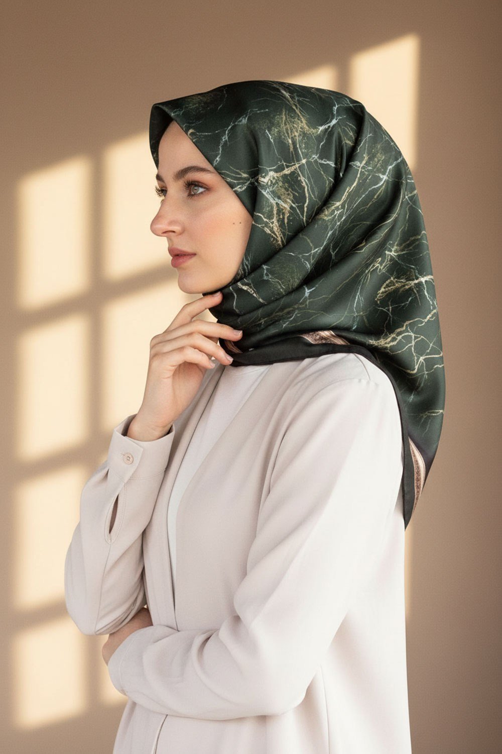 Kristal Zikzak Çizgi Desenli Petrol Yeşili Renkli 90x90 Eşarp (İpek İçermez) Dikim Şekli : El Dikişi