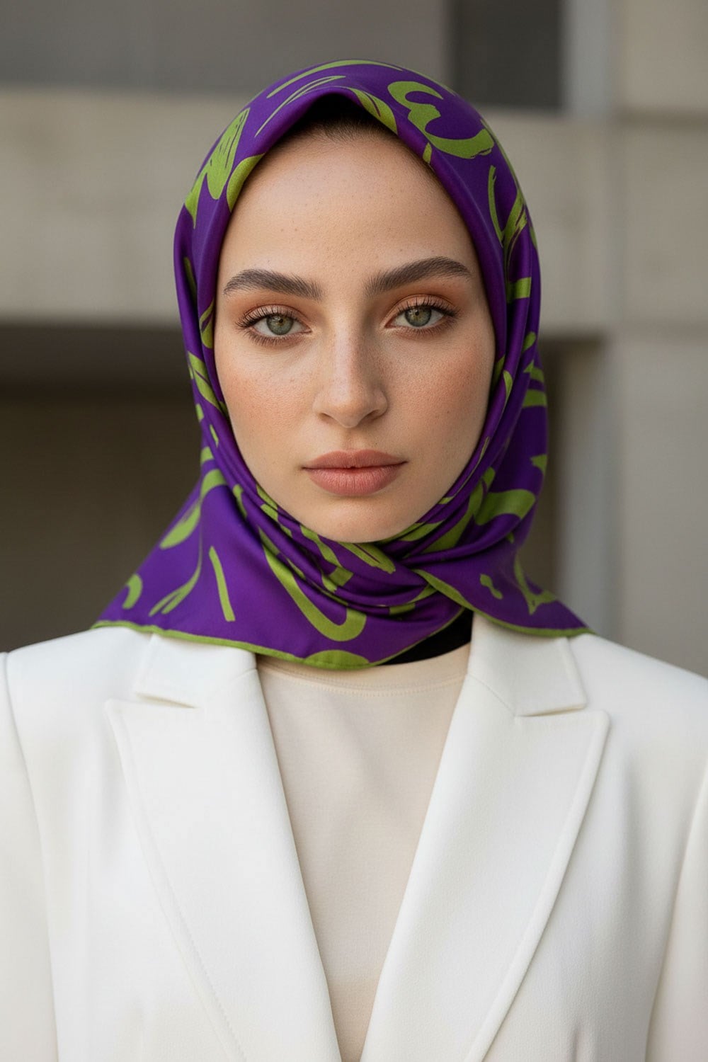 %100 Twill İpek Büyük Çiçek Desenli Mor - Haki Renkli 90x90 Eşarp Dikim Şekli : El Dikişi