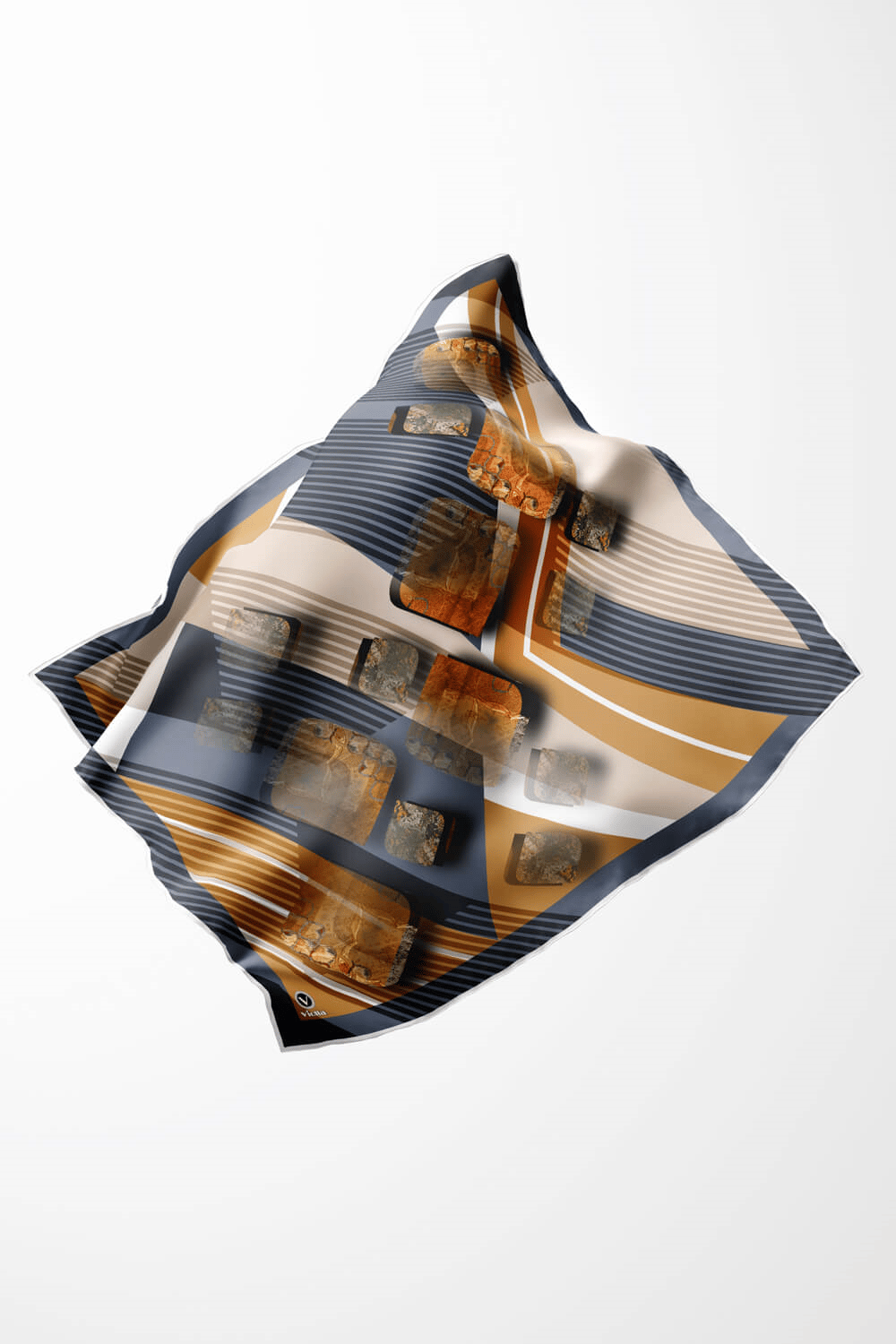 Twill Çizgili ve Geometrik Desenli Hardal Renkli 90x90 Eşarp (İpek İçermez) Kenar Dikiş Şekli El Dikişli