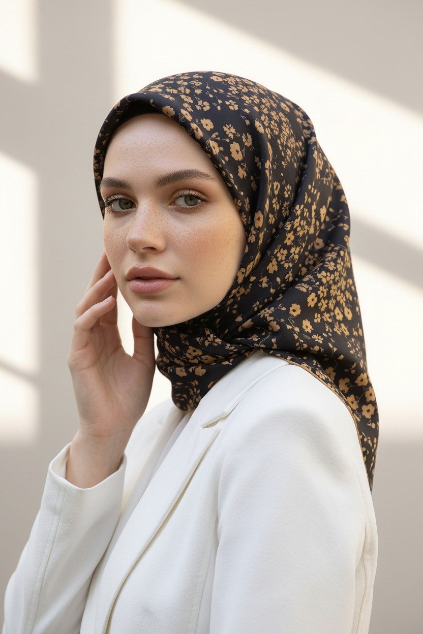 %100 Twill İpek Çıtır Çiçek Desenli Siyah - Gold Renkli 90x90 Eşarp Dikim Şekli : El Dikişi
