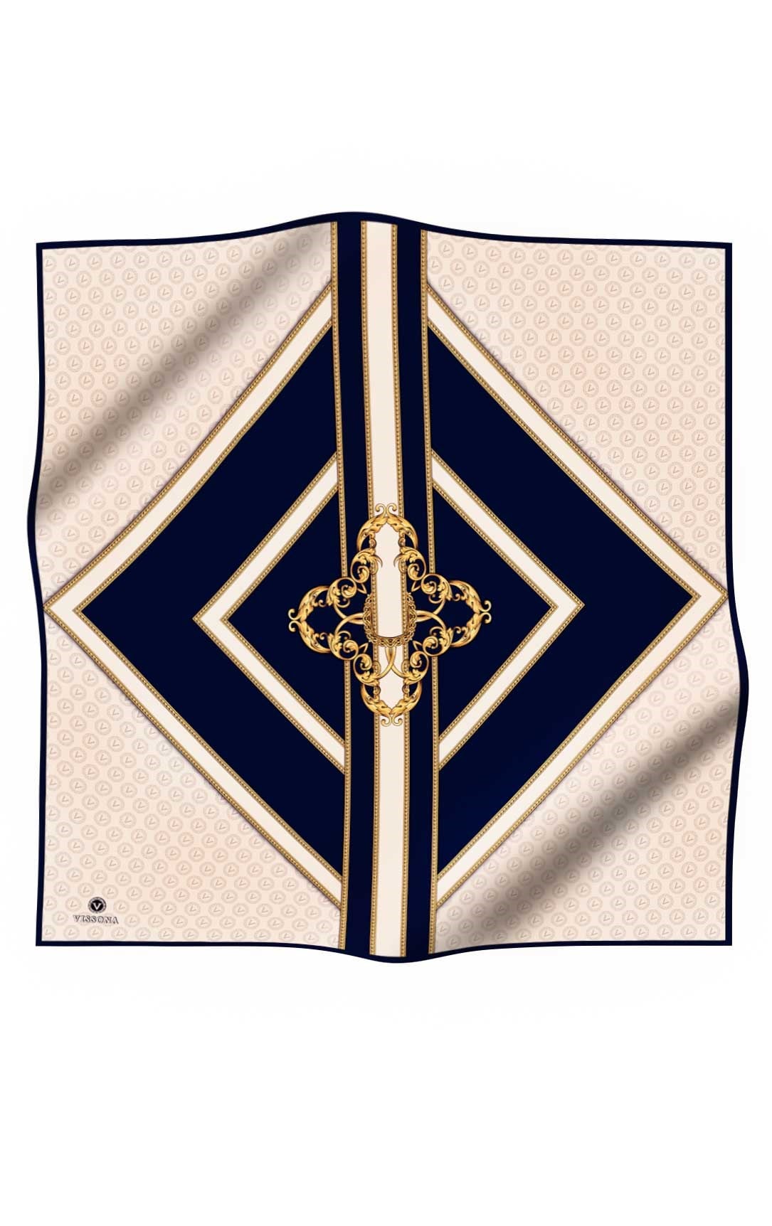 %100 Twill İpek Monogram ve Barok Desenli Lacivert - Krem Renkli 90x90 Eşarp Dikim Şekli : El Dikişi