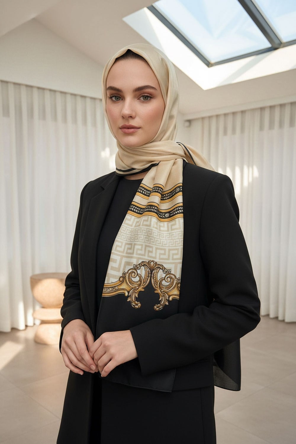 %100 Saf İpek Şal İnce Saten Vual Dokuma Barok Desenli 90x210 Şal