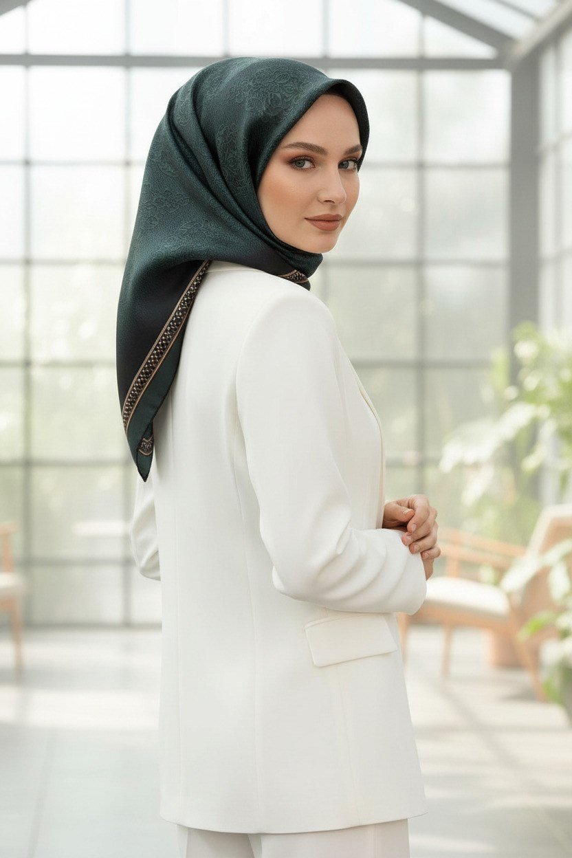 %100 Twill İpek Eşarp 90x90 Zümrüt Yeşili Barok Desenli El Dikişli Kadın Eşarp