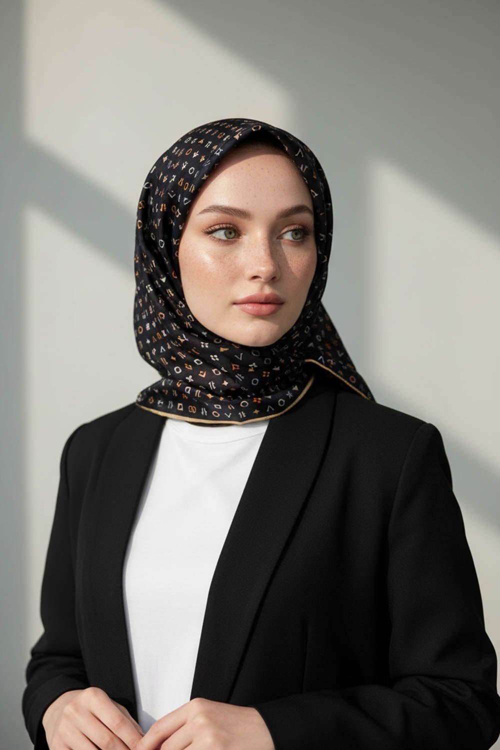 %100 Twill İpek Çıtır Motif Desenli Siyah - Bej Renkli 90x90 Eşarp Dikim Şekli : El Dikişi