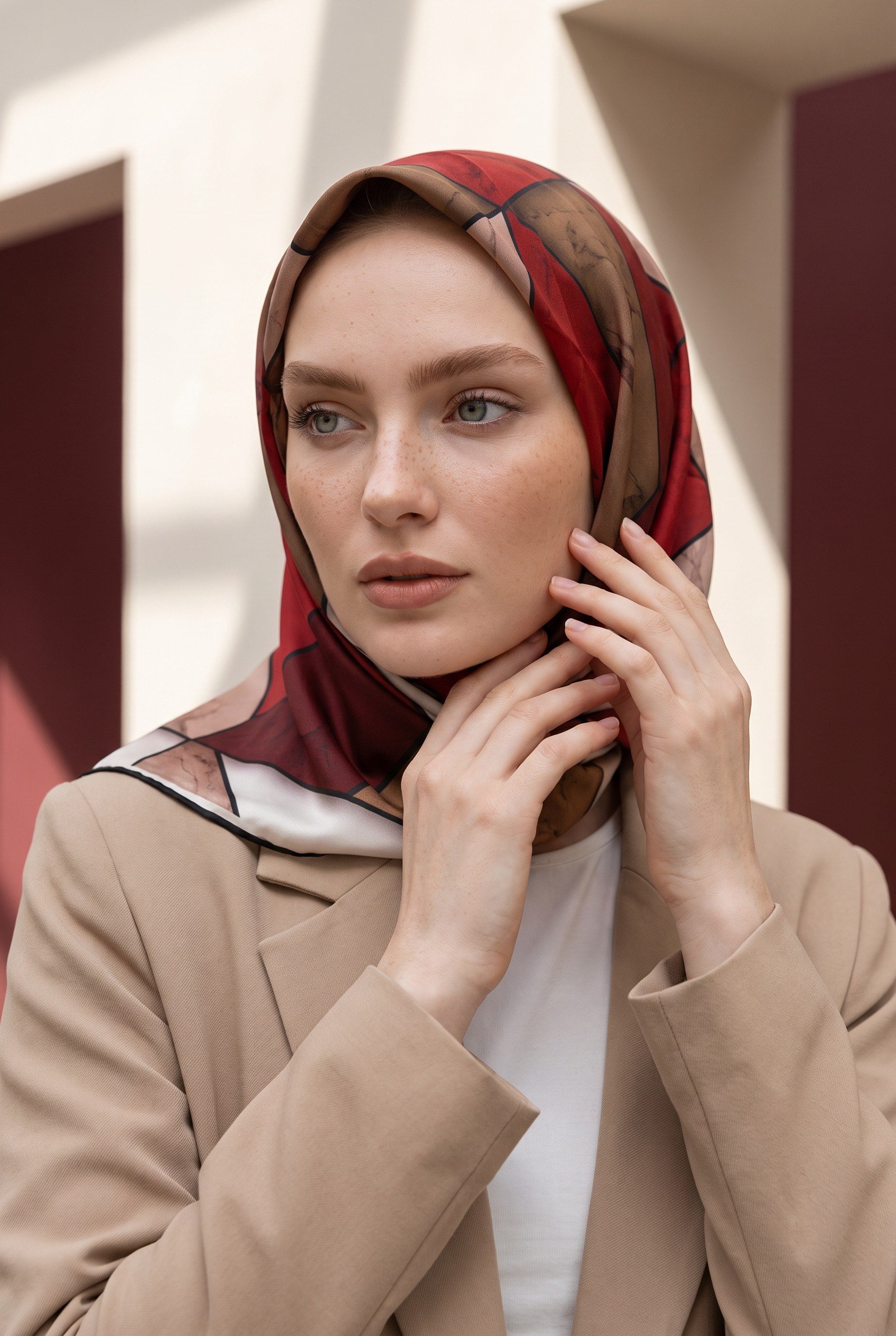 Rayon Mermer Desenli Bordo - Bej Renkli 90x90 Eşarp (İpek İçermez) Kenar Dikiş Şekli El Dikişli