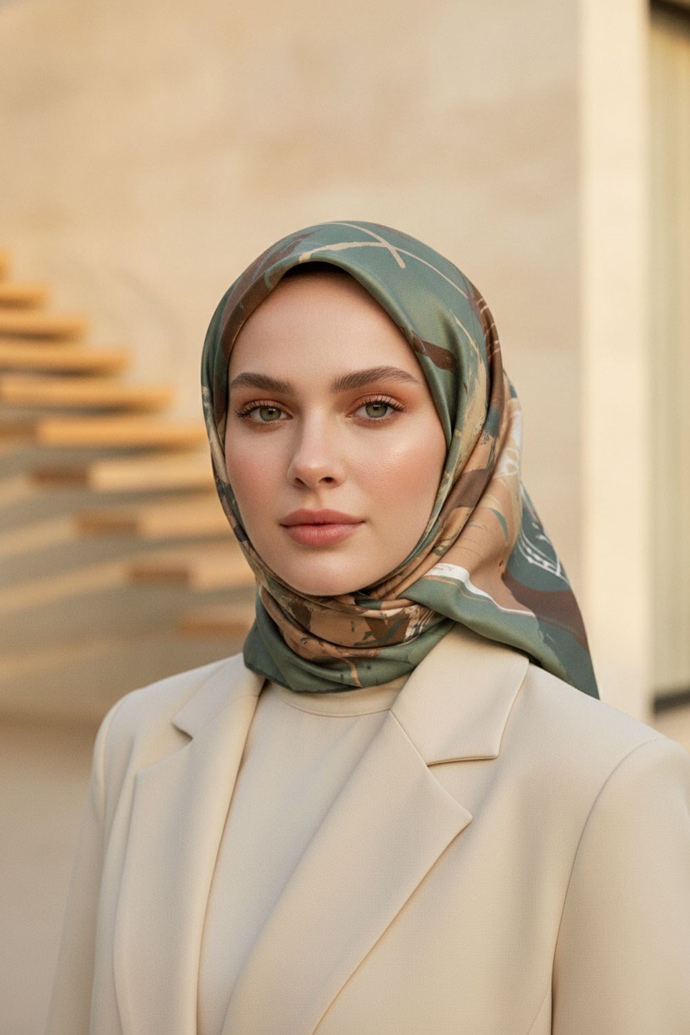 %100 Twill İpek Geometrik Desenli Çağla - Bakır Renkli 90x90 Eşarp Dikim Şekli : El Dikişi