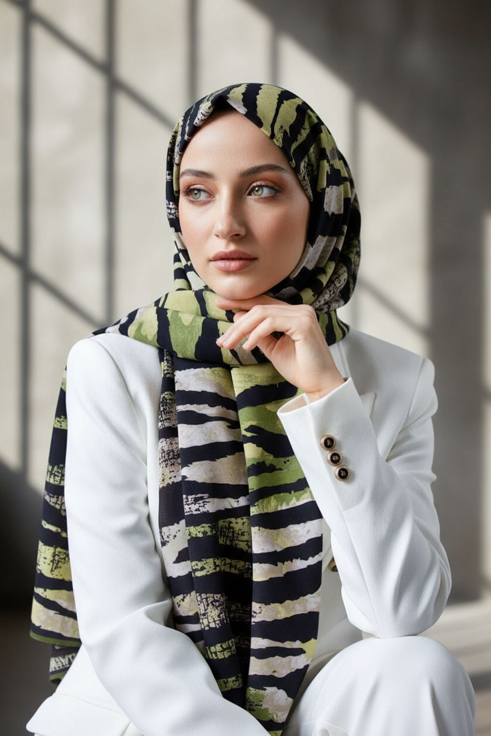 KREP ZEBRA DESENLİ HAKİ - SİYAH RENKLİ 75X195 KIRIŞMAZ ŞAL