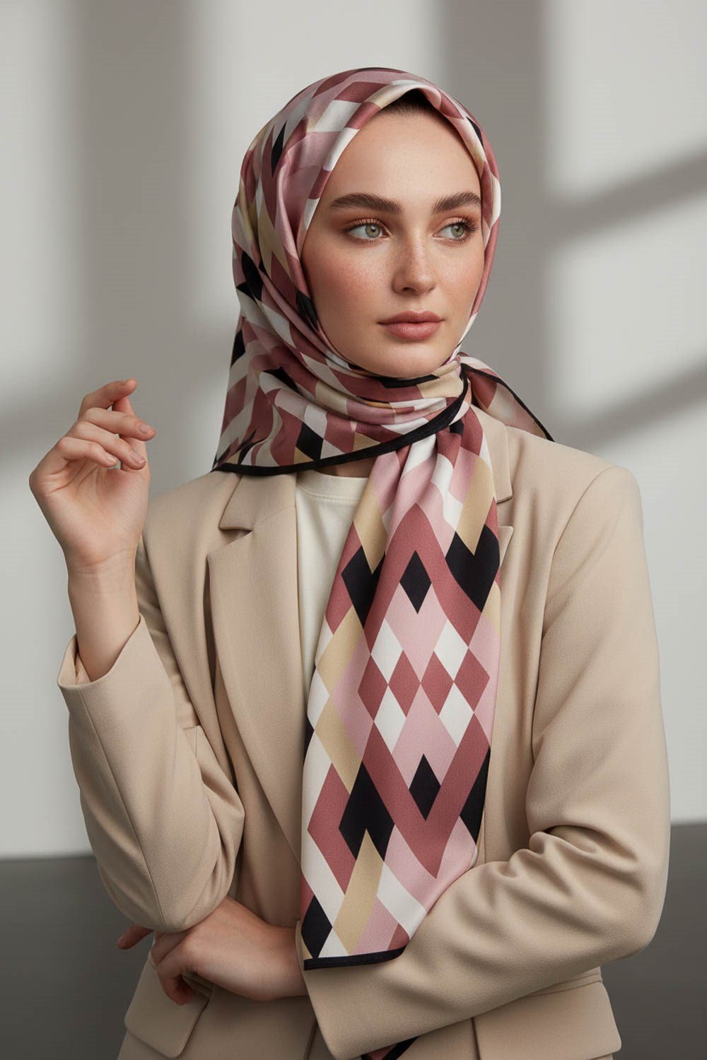 KREP GEOMETRİK DESENLİ PUDRA RENKLİ 75X195 KIRIŞMAZ ŞAL