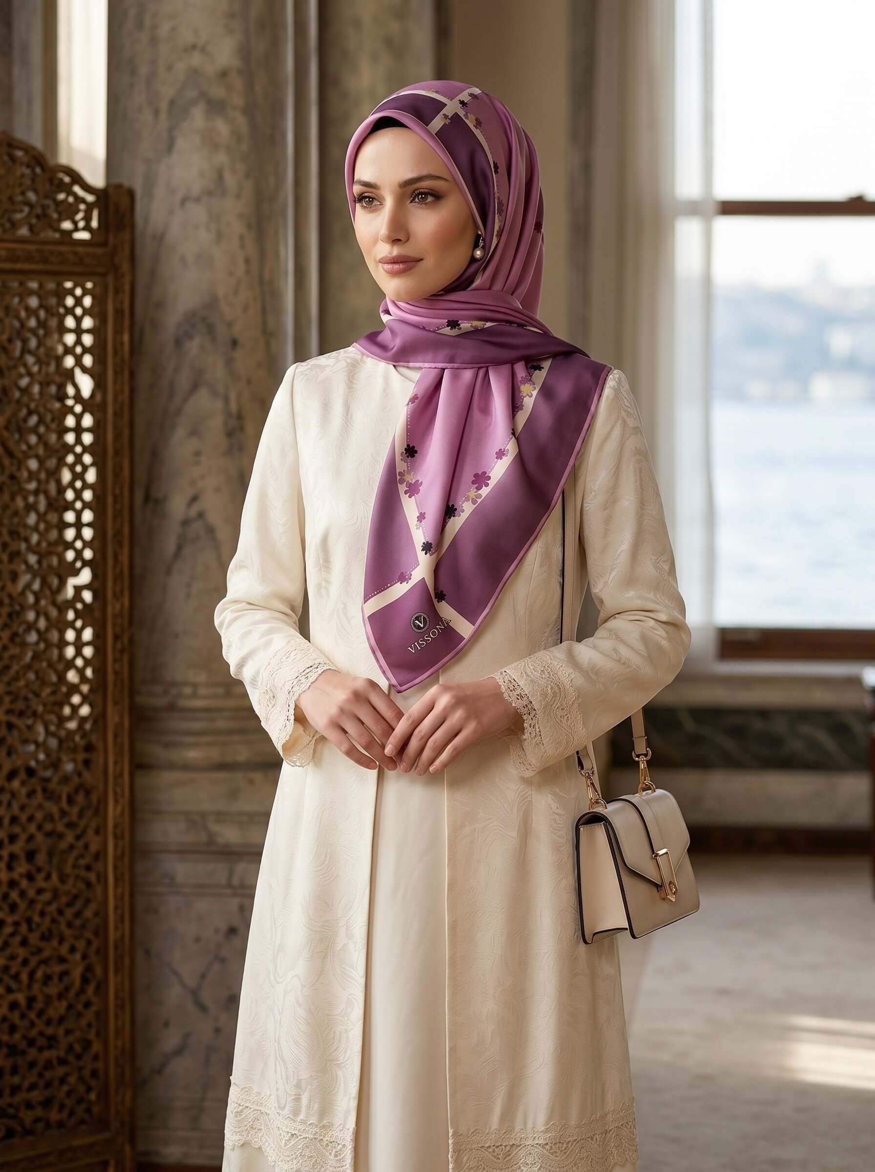%100 Saf İpek Şal İnce Saten Vual Dokuma Çiçek Desenli Pembe Renkli 90x210 Şal