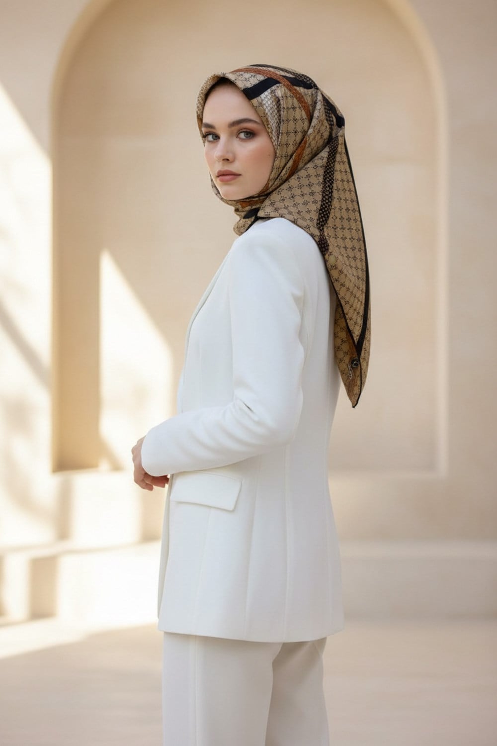 %100 Twill İpek Monogram Ve Şerit Desenli Bej - Siyah Renkli 90x90 Eşarp Dikim Şekli : El Dikişi