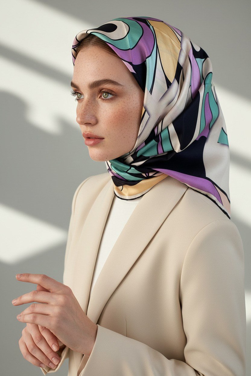 100% Twill İpek Geometrik Desenli Lacivert - Lila Renkli 90x90 Dikim Şekli : El Dikişi Eşarp