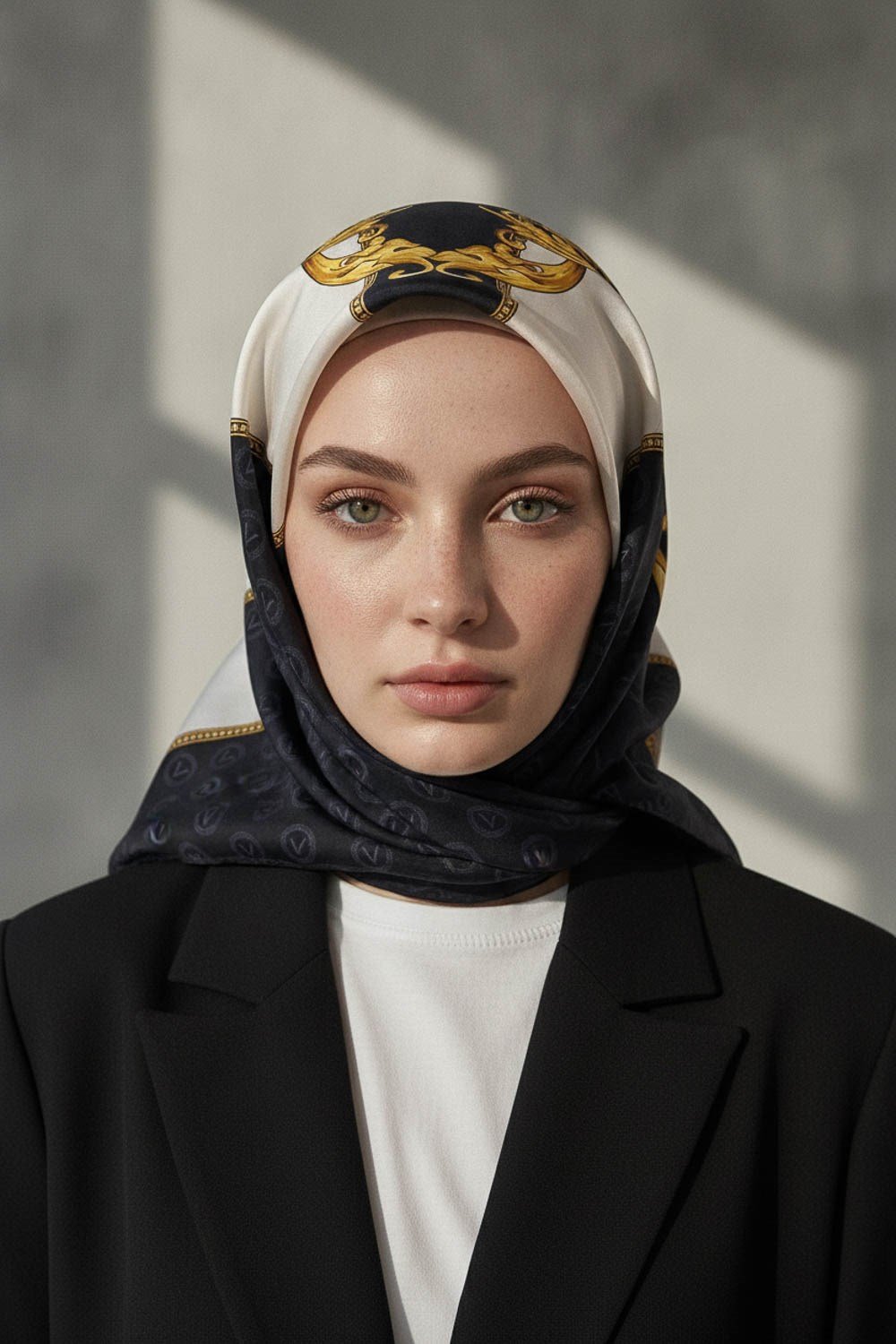 %100 Twill İpek Monogram Ve Barok Desenli Siyah - Krem Renkli 90x90 Eşarp Dikim Şekli : El Dikişi