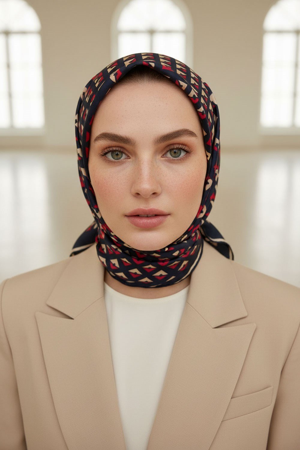 %100 Twill İpek Geometrik Desenli Lacivert - Kırmızı Renkli 90x90 Eşarp Dikim Şekli : El Dikişi