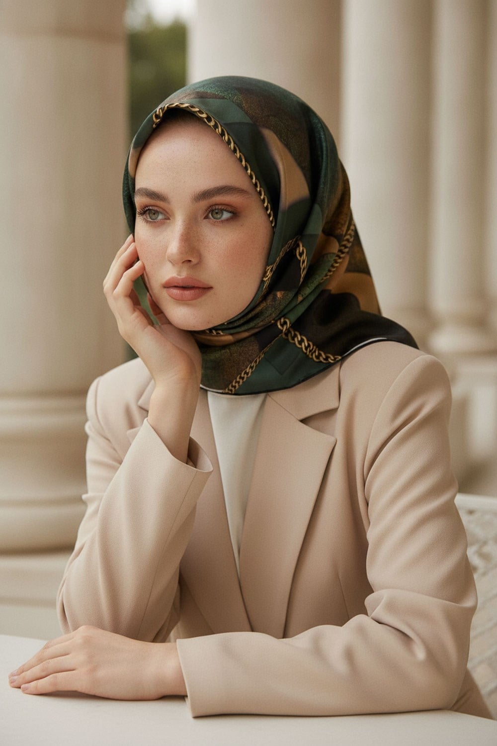 %100 Twill İpek Taş Efekti Desenli Zümrüt - Siyah Renkli 90x90 Eşarp Dikim Şekli : El Dikişi