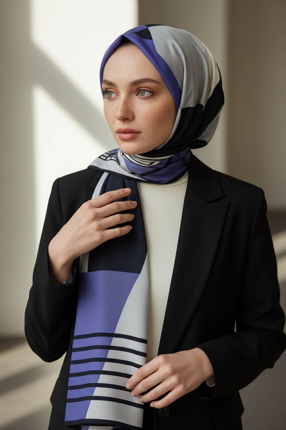 KREP GEOMETRİK DESENLİ İNDİGO RENKLİ 75X195 KIRIŞMAZ ŞAL