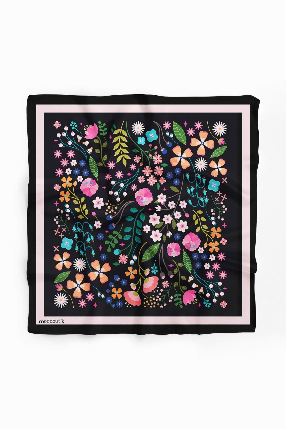 Kadın Siyah Pembe Çiçek Desenli 50x50 Bandana HYL DG01696-22
