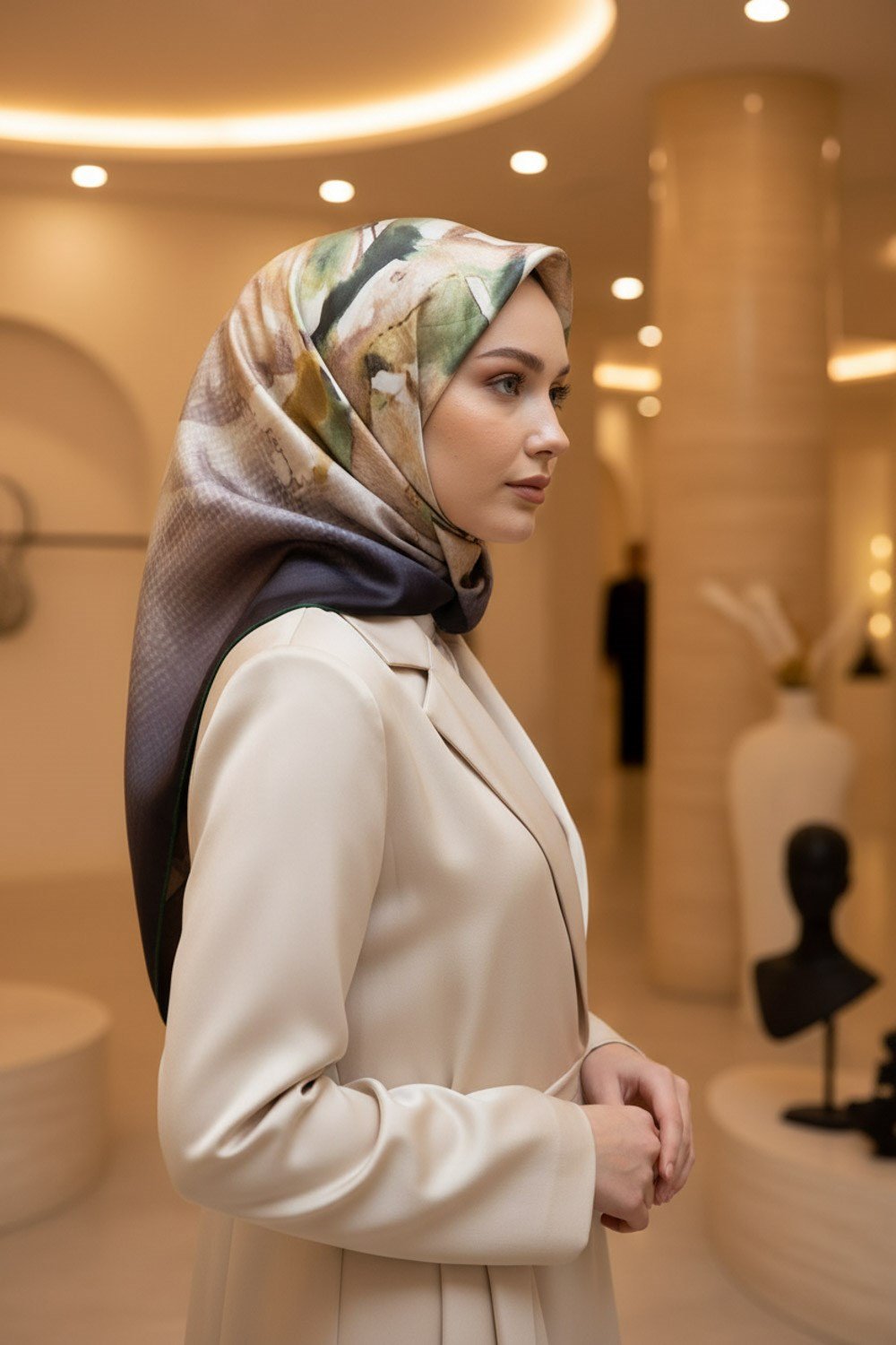%100 Twill İpek Suluboya Çiçek Desenli Hardal - Haki Renkli 90x90 Eşarp Dikim Şekli : El Dikişi