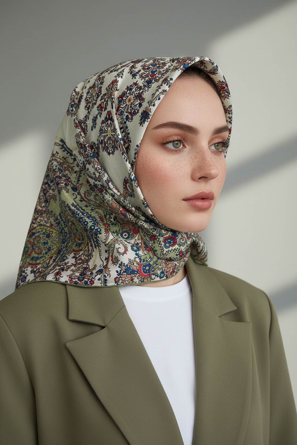 %100 Twill İpek Şal Desenli Haki Renkli 90x90 Eşarp Dikim Şekli : El Dikişi