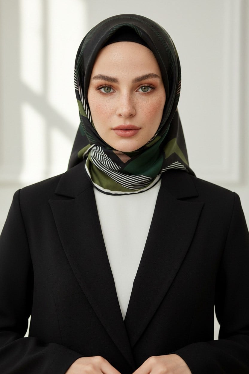 % 57 İPEK % 43 VİSKON Twill İpek Geometrik Desenli Haki - Siyah Renkli 90x90 Eşarp Dikim Şekli : El Dikişi