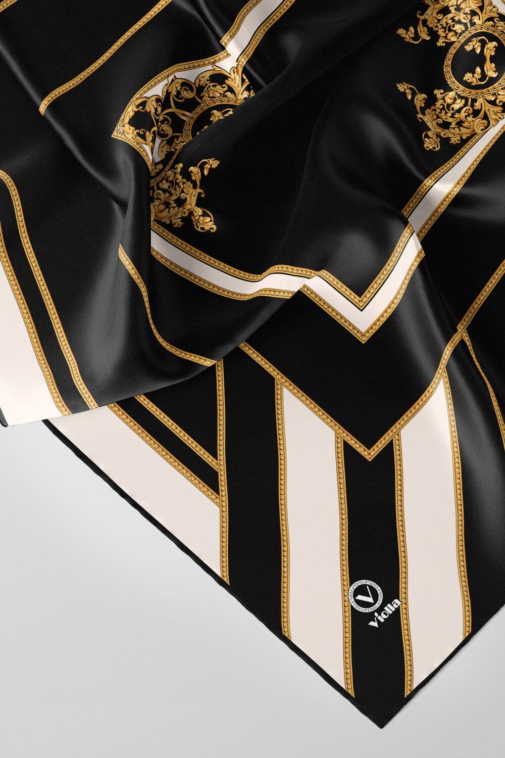 Twill Barok Desenli Siyah - Krem Renkli 90x90 Eşarp (İpek İçermez) Dikim Şekli : El Dikişi