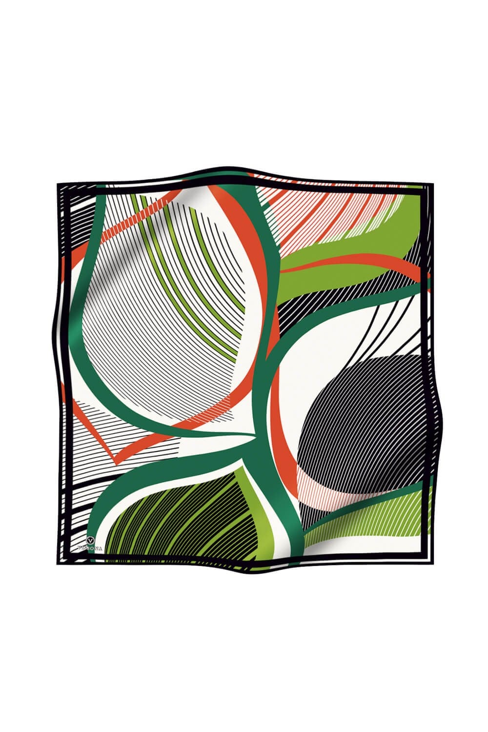 %100 Twill İpek Çizgili Geometrik Desenli Siyah - Fıstık Yeşili Renkli 90x90 Eşarp Dikim Şekli : El Dikişi