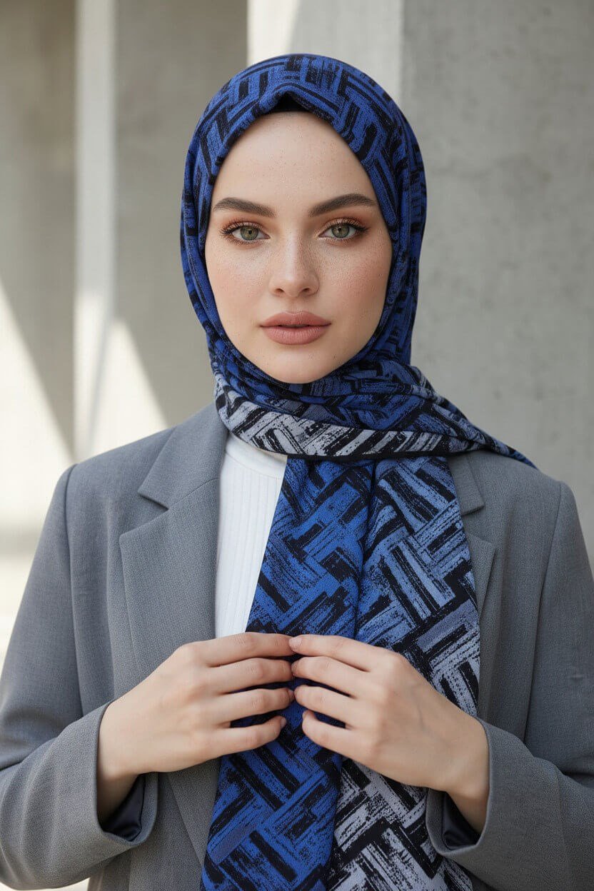KREP DEGRADELİ ÇİZGİ DESENLİ SAKS RENKLİ 75X195 KIRIŞMAZ ŞAL