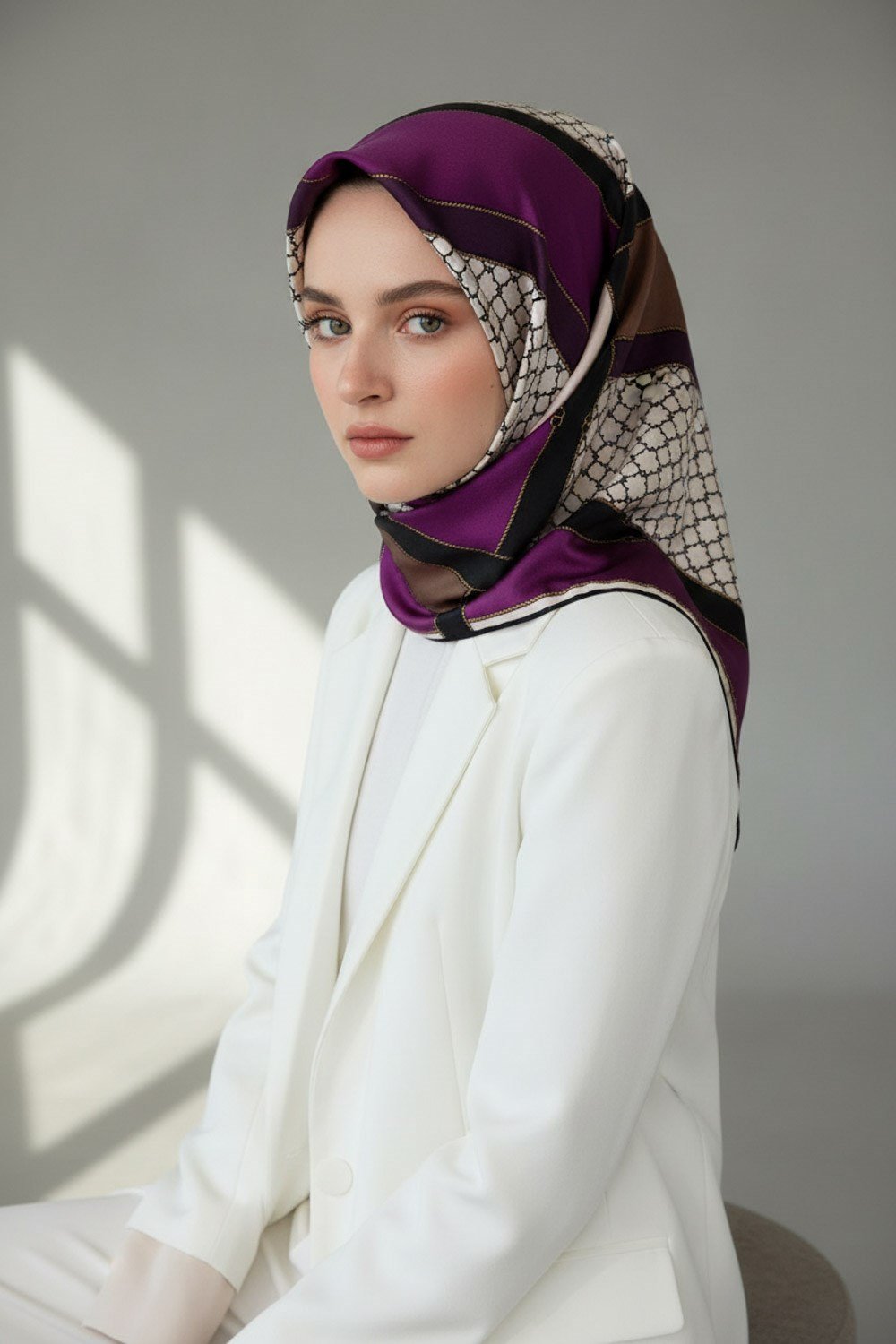 %100 Twill İpek Geometrik Desenli Mürdüm - Siyah Renkli 90x90 Eşarp Dikim Şekli : El Dikişi