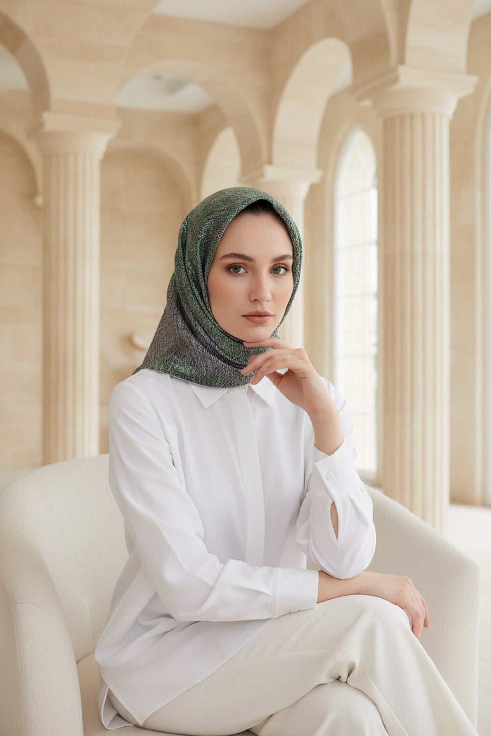 %100 Twill İpek Dokulu Desen Benetton Yeşili - Sütlü Kahve Renkli 90x90 Eşarp Kenar Dikiş Şekli El Dikişli