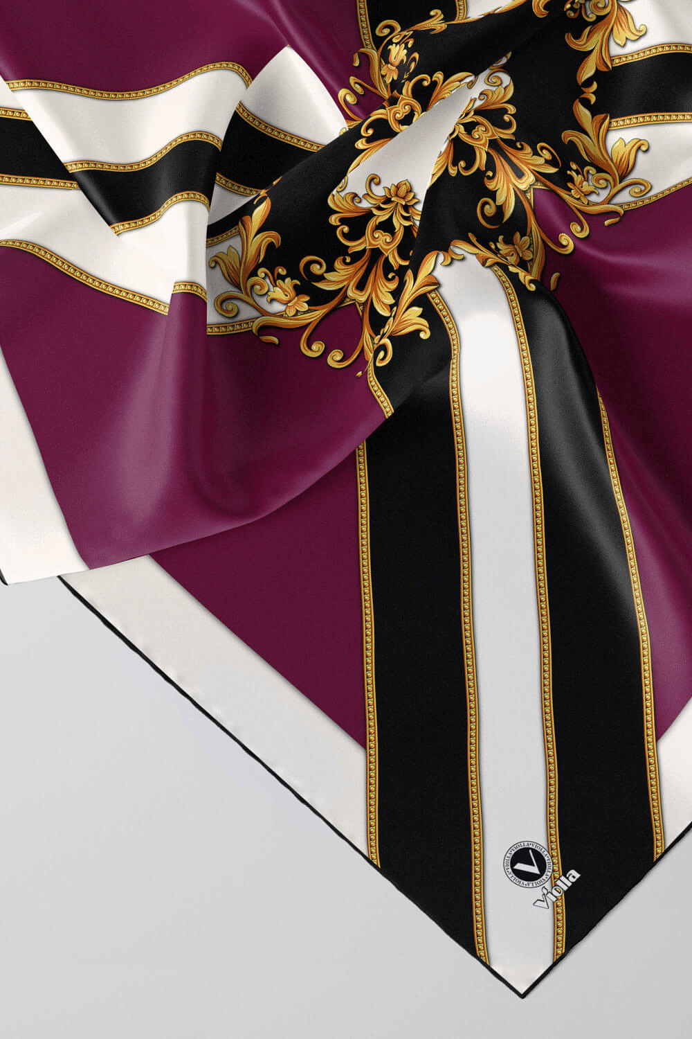 Twill Barok Desenli Mürdüm - Siyah Renkli 90x90 Dikim Şekli : El Dikişi Eşarp (İpek İçermez)